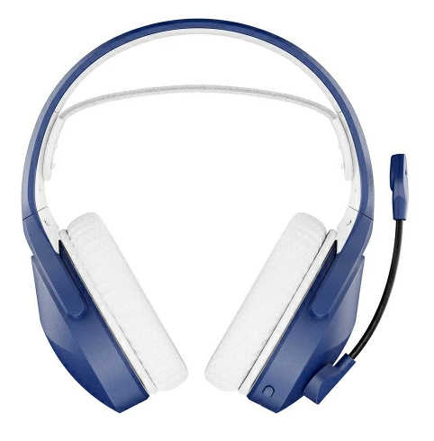 Niebiesko-biały zestaw słuchawkowy z mikrofonem. Nauszniki są białe, ramka niebiesko-biała, a mikrofon czarny.