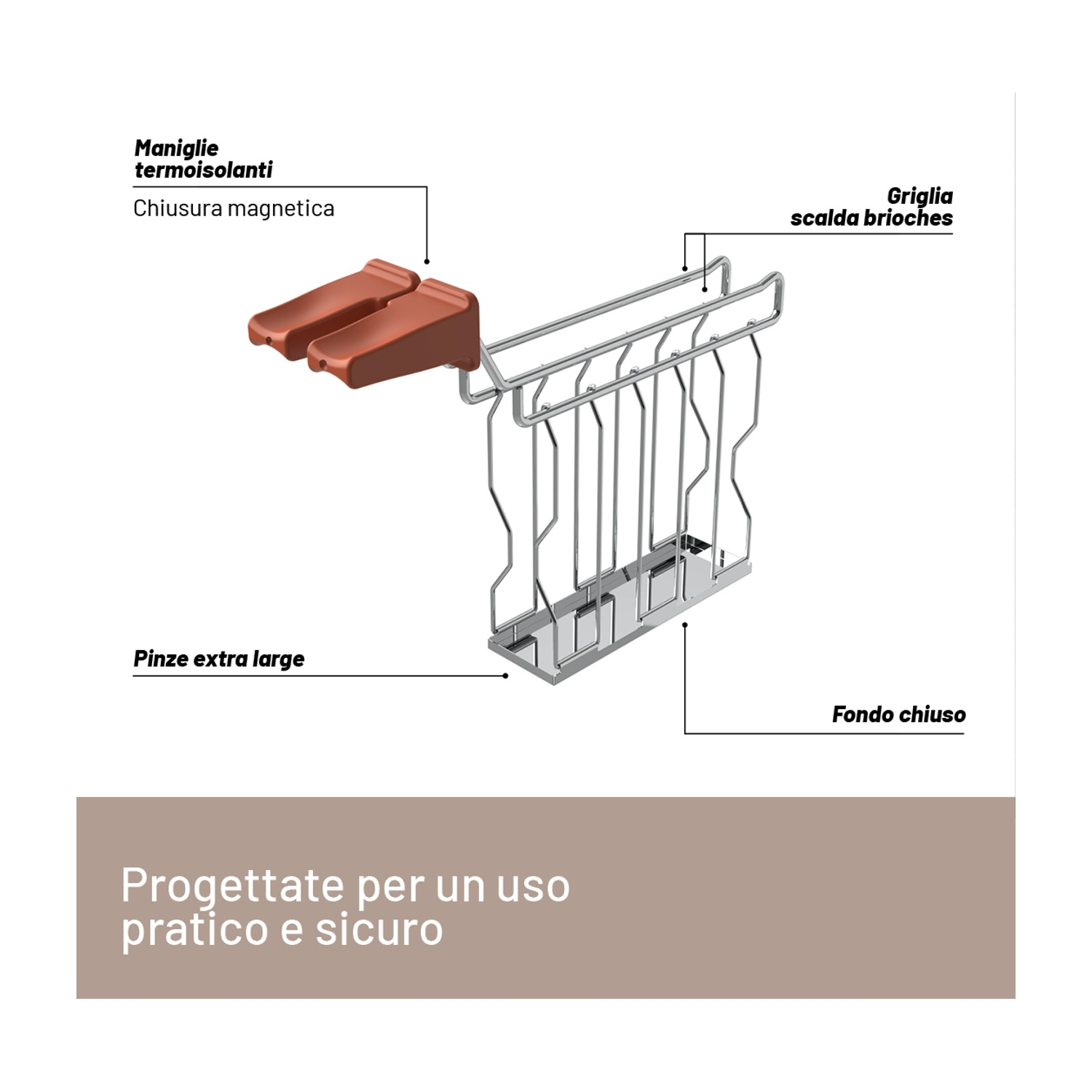 Un elettrodomestico con maniglie termiche, chiusura magnetica, griglia per scaldare brioche, pinze grandi e fondo chiuso.