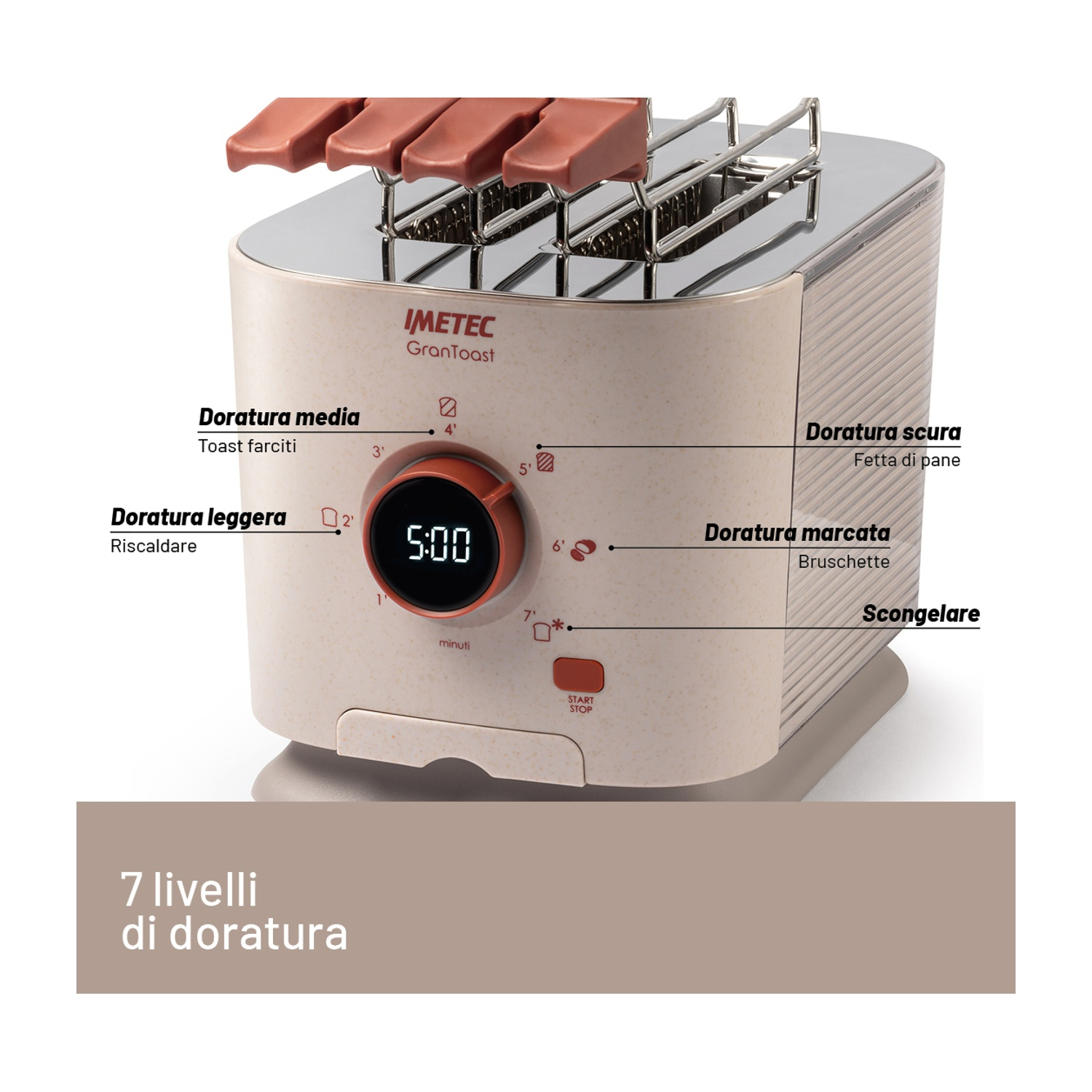Un tostapane beige Imetec GranToast con timer digitale. Ha impostazioni per diversi livelli di tostatura e una funzione di scongelamento.
