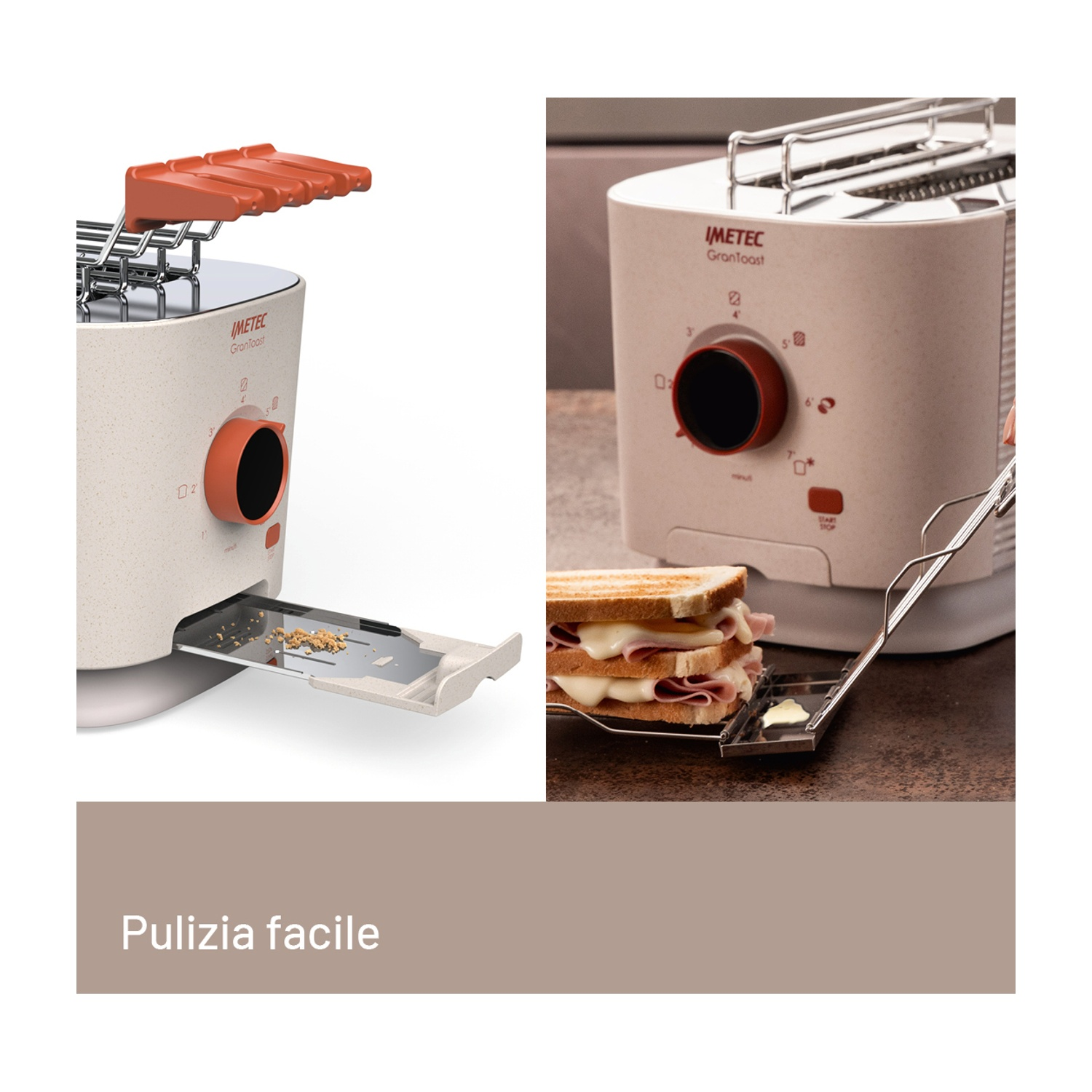 Un tostapane con un panino in un vassoio. Ha un quadrante, il pane è tostato. Il vassoio delle briciole è estratto.