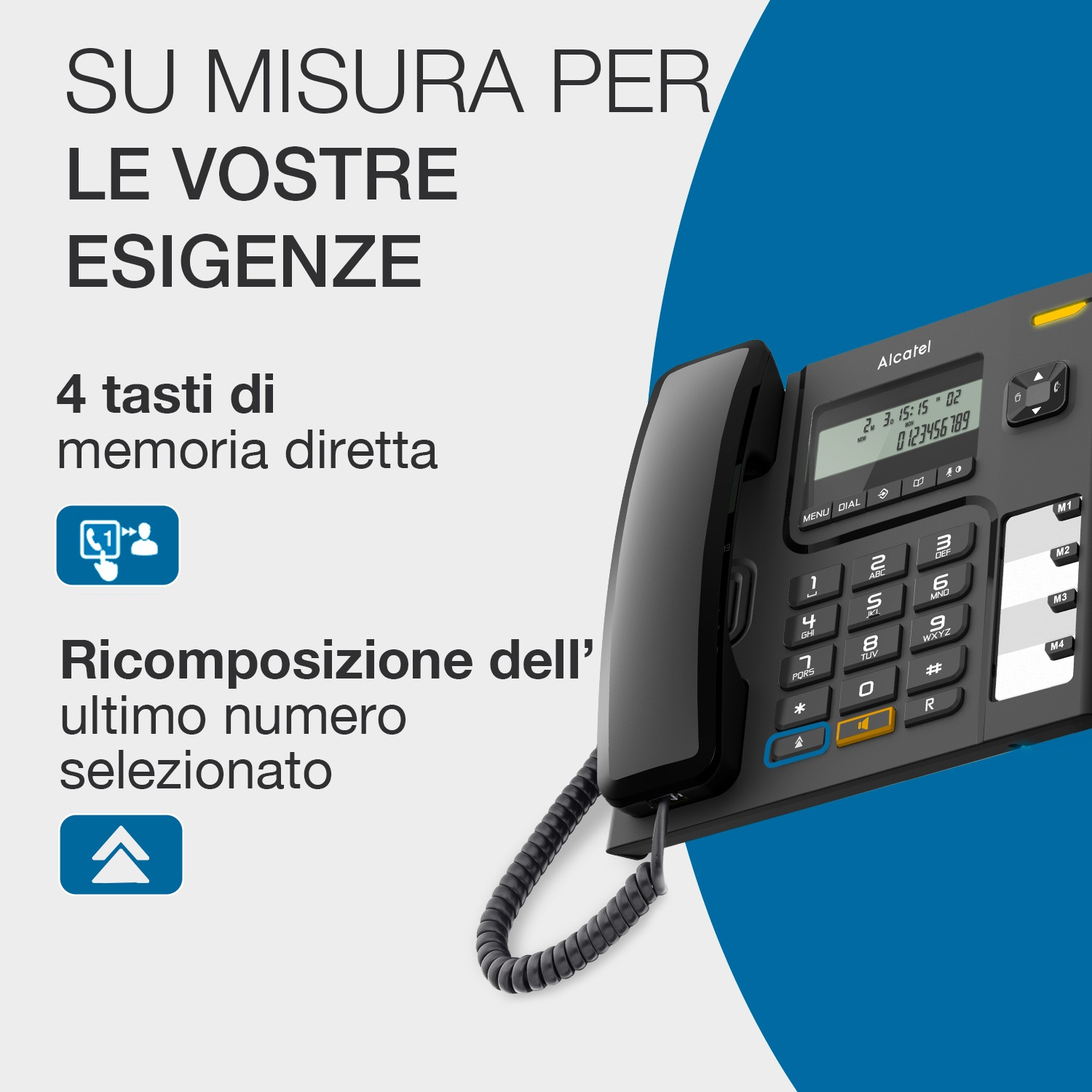 Un telefono Alcatel nero con pulsanti, schermo e cornetta. Testo in italiano: 'SU MISURA PER LE VOSTRE ESIGENZE' e '4 tasti di memoria diretta'.