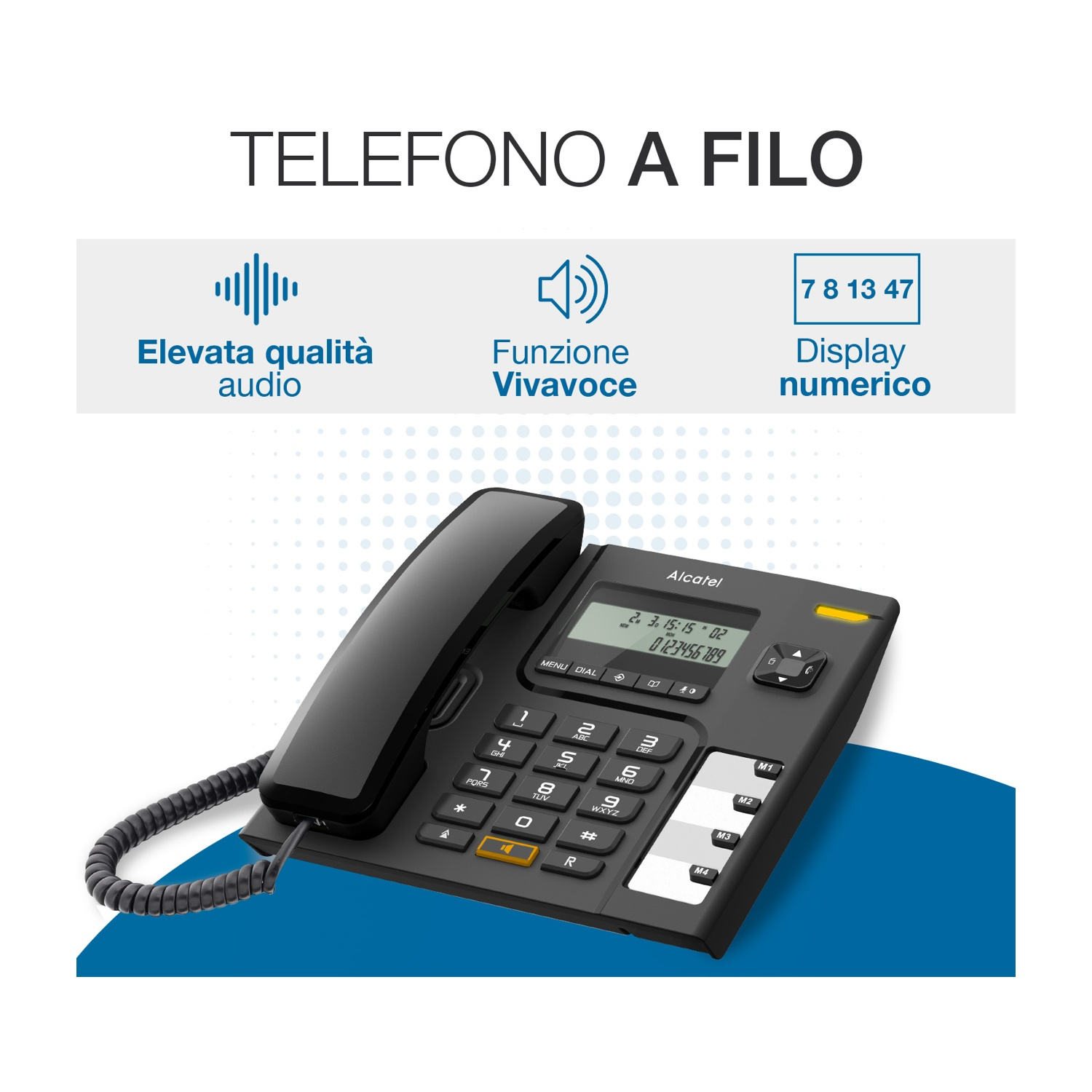 Un telefono fisso nero con display che mostra numeri è su una superficie bianca e blu. Il testo in alto recita 'TELEFONO A FILO'.