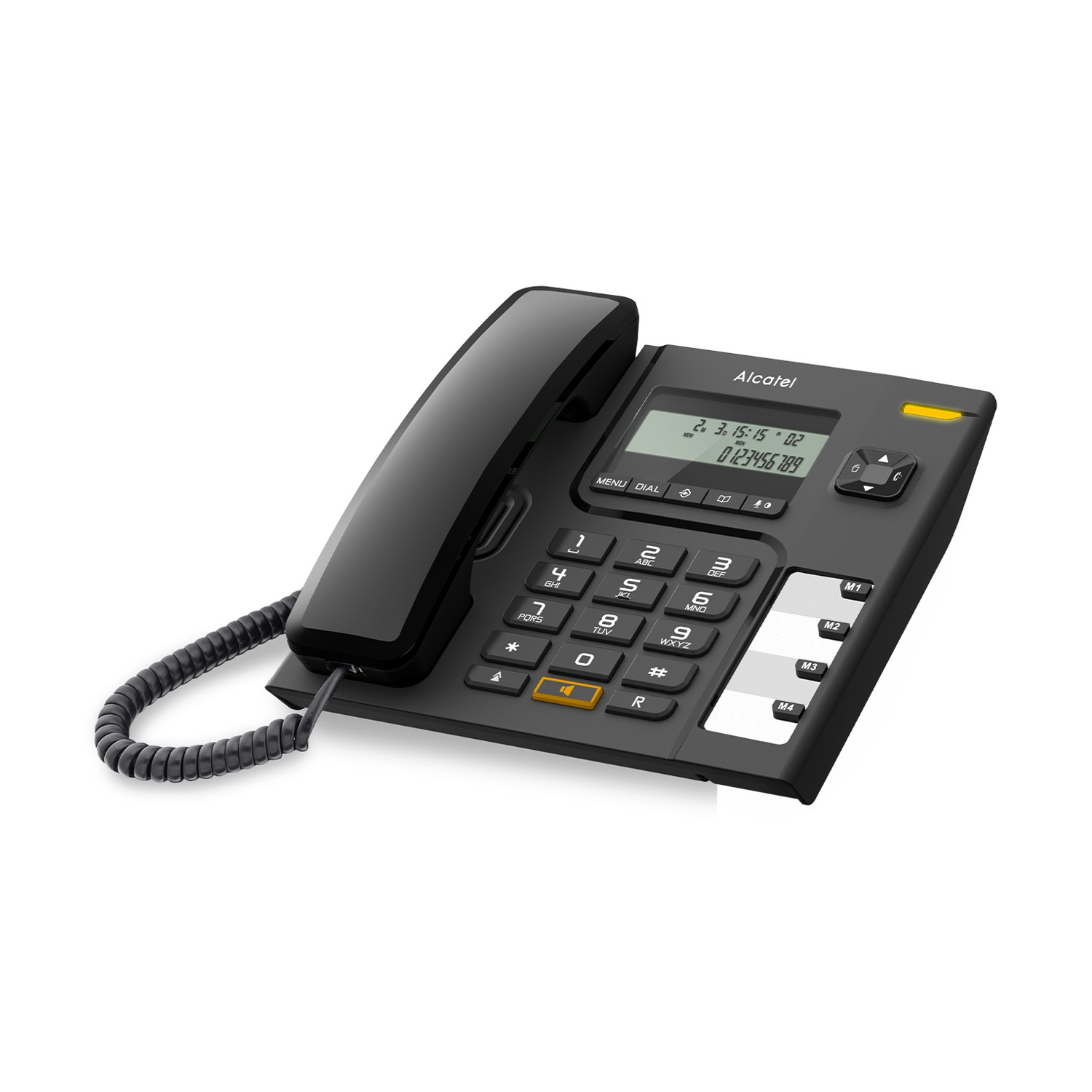 Un telefono da scrivania Alcatel nero con cornetta, tastiera e display. Il display mostra numeri. C'è una luce gialla.
