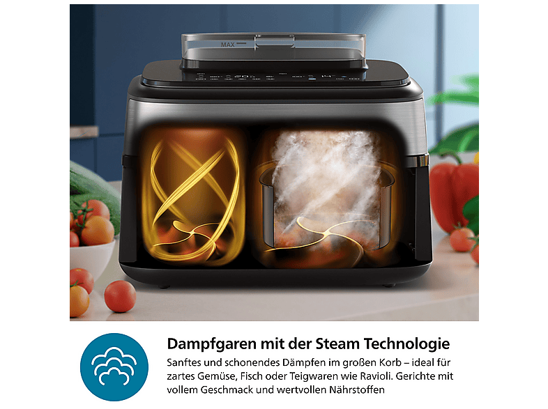 Philips NA555/00 Steam Airfryer 5000 Series Dual Basket 9L Kapazität (3L+6L) Dampfgarer & Heißluftfritteuse, 2750 Watt, Silber — Foto 5 von 5
