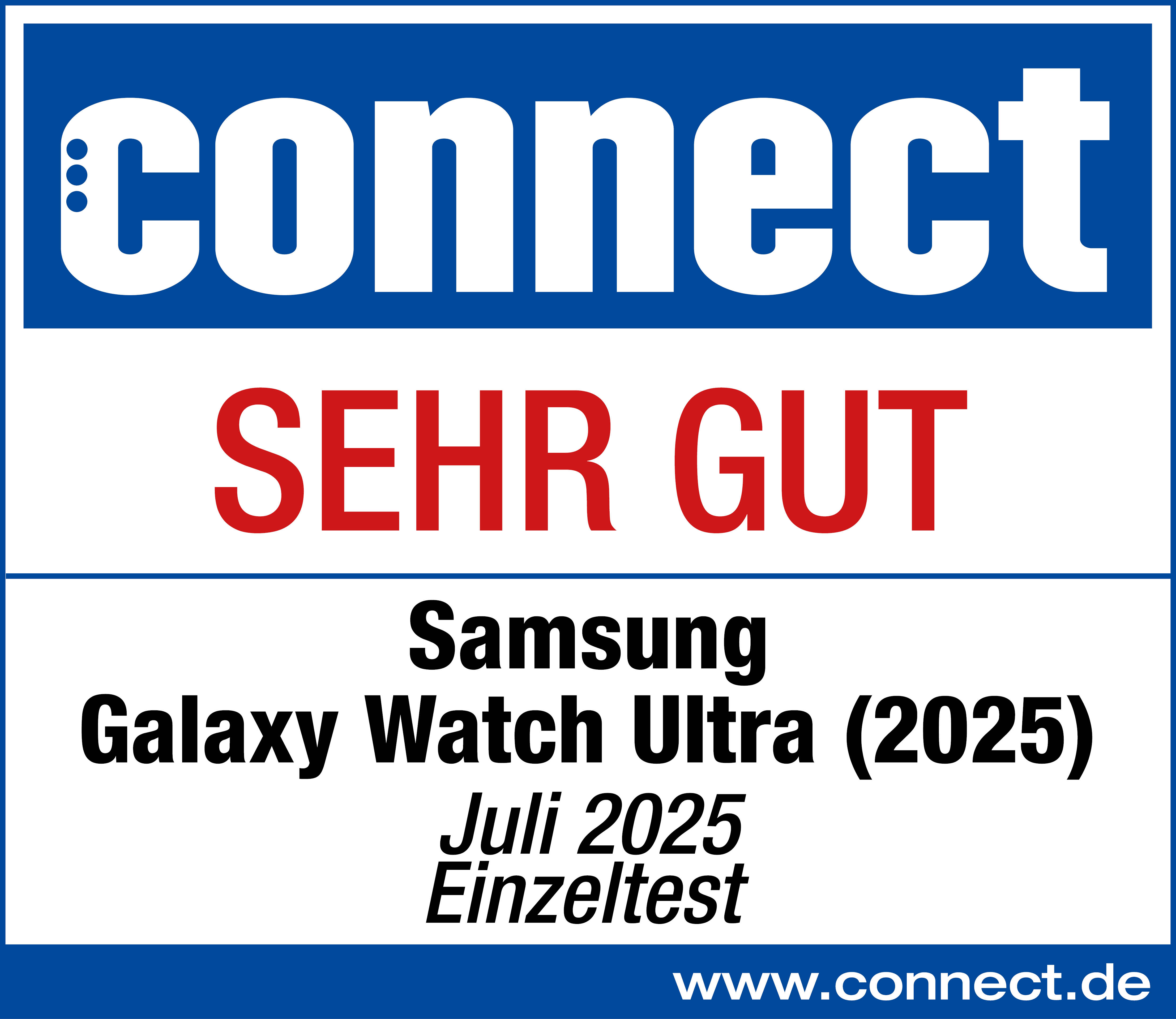 Rezension der Samsung Galaxy Watch Ultra (2025) mit 'connect'-Logo und Bewertung 'SEHR GUT'. Details auf Deutsch.