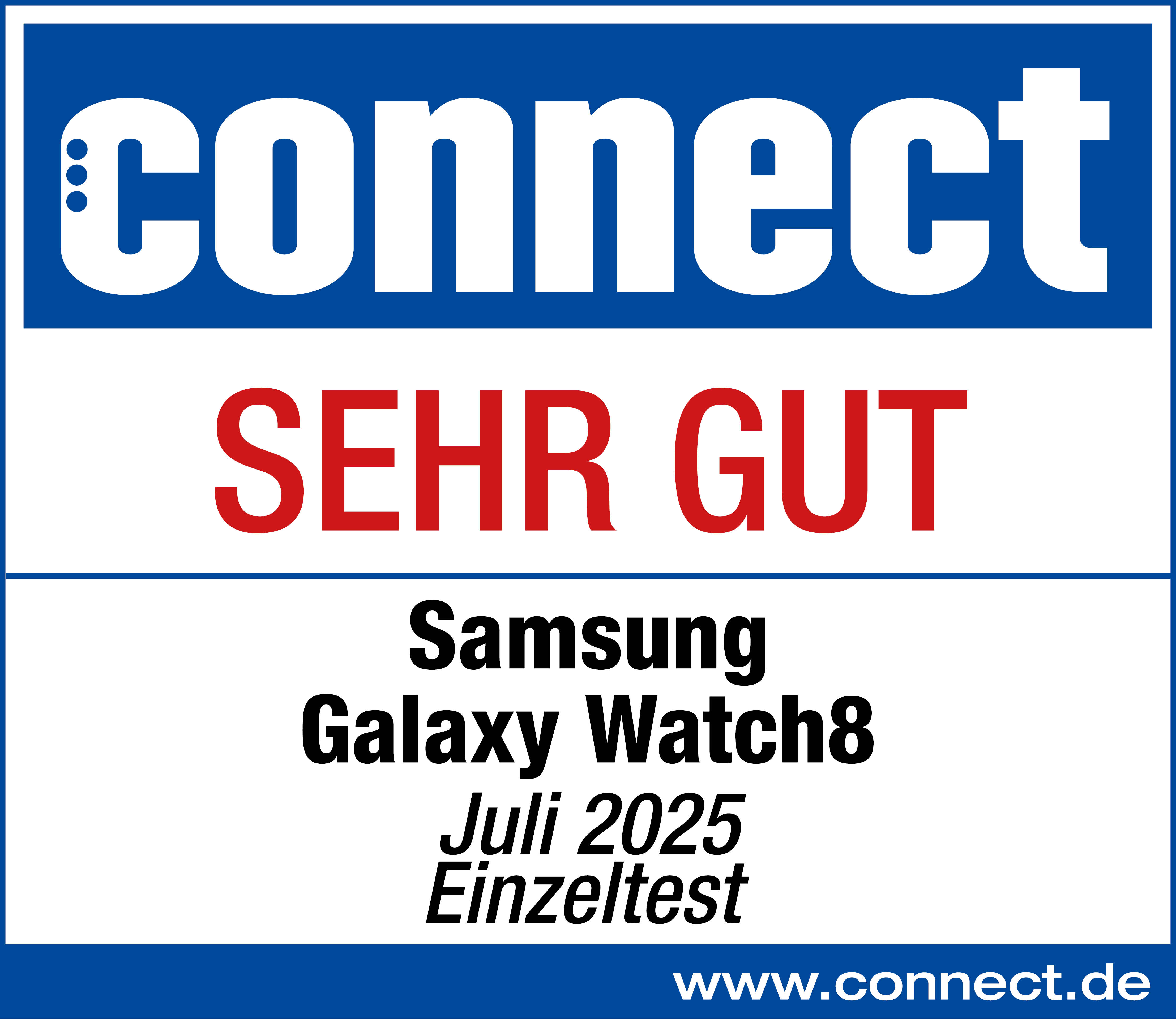 Das Bild ist ein Magazin-Cover. Es zeigt das Wort 'connect' und 'SEHR GUT'. Es enthält auch Details zu einer Samsung Galaxy Watch.