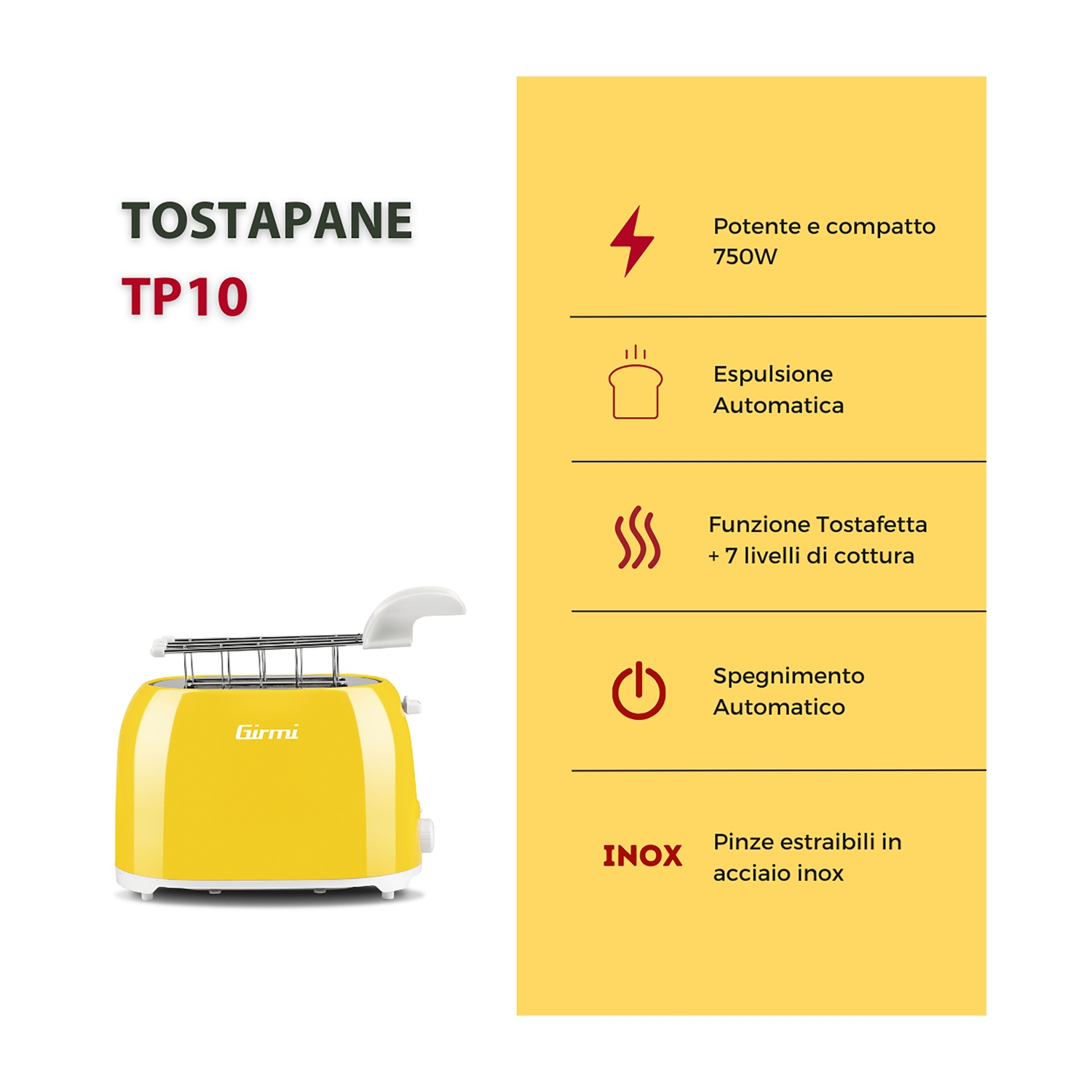 Un tostapane Girmi giallo, modello TP10, con leva bianca e sfondo giallo con caratteristiche in italiano.