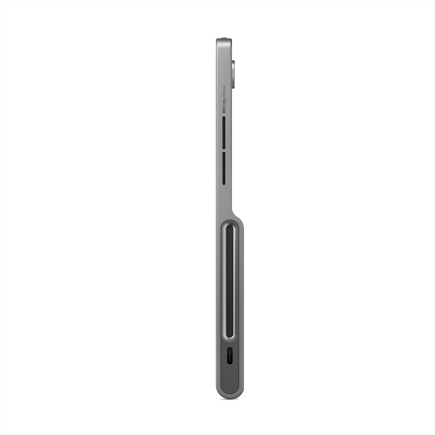 Side view of a gray tablet. It has a camera, Dolby Atmos logo, and a charging port. The background is white.