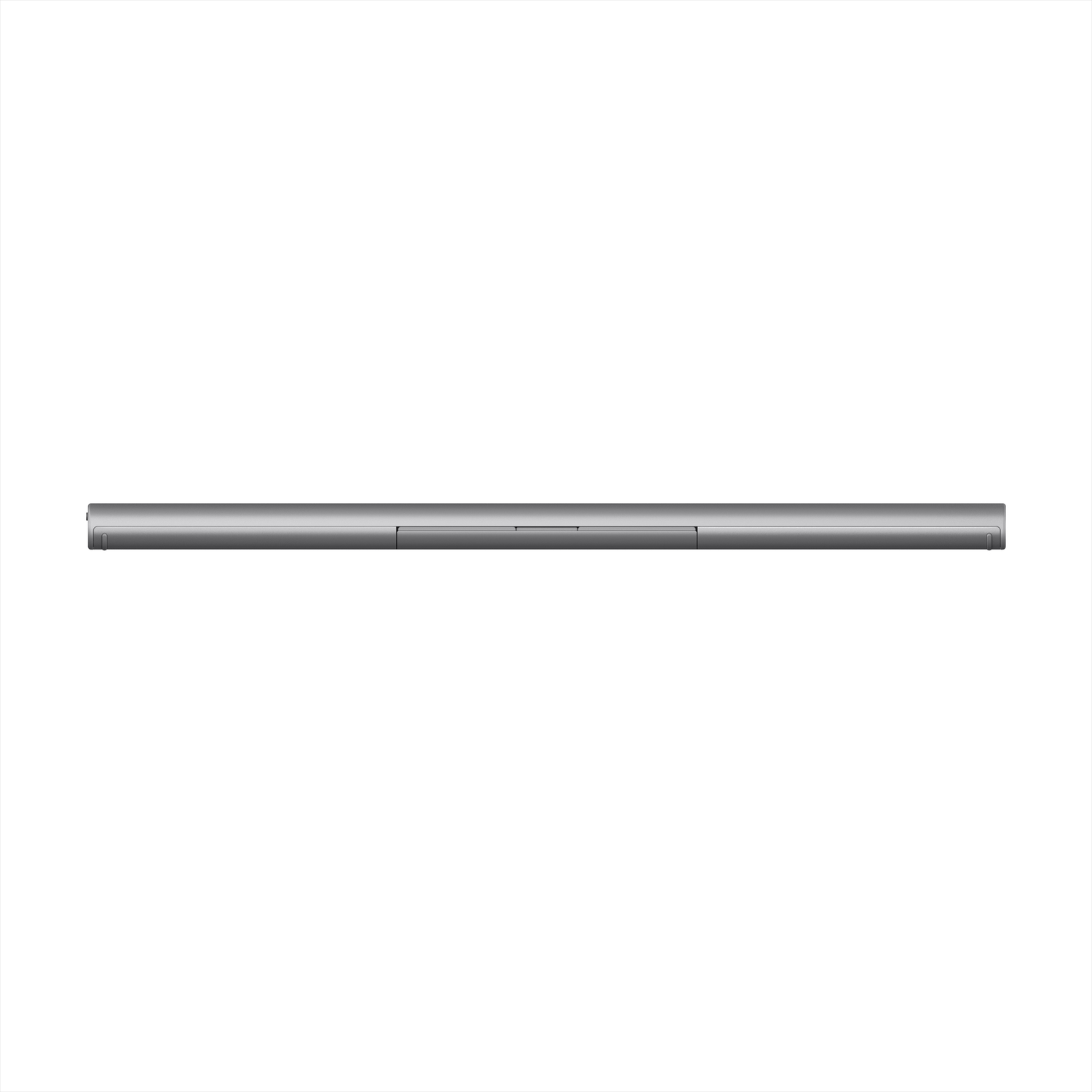 A silver laptop, viewed from above, lies horizontally against a white background.