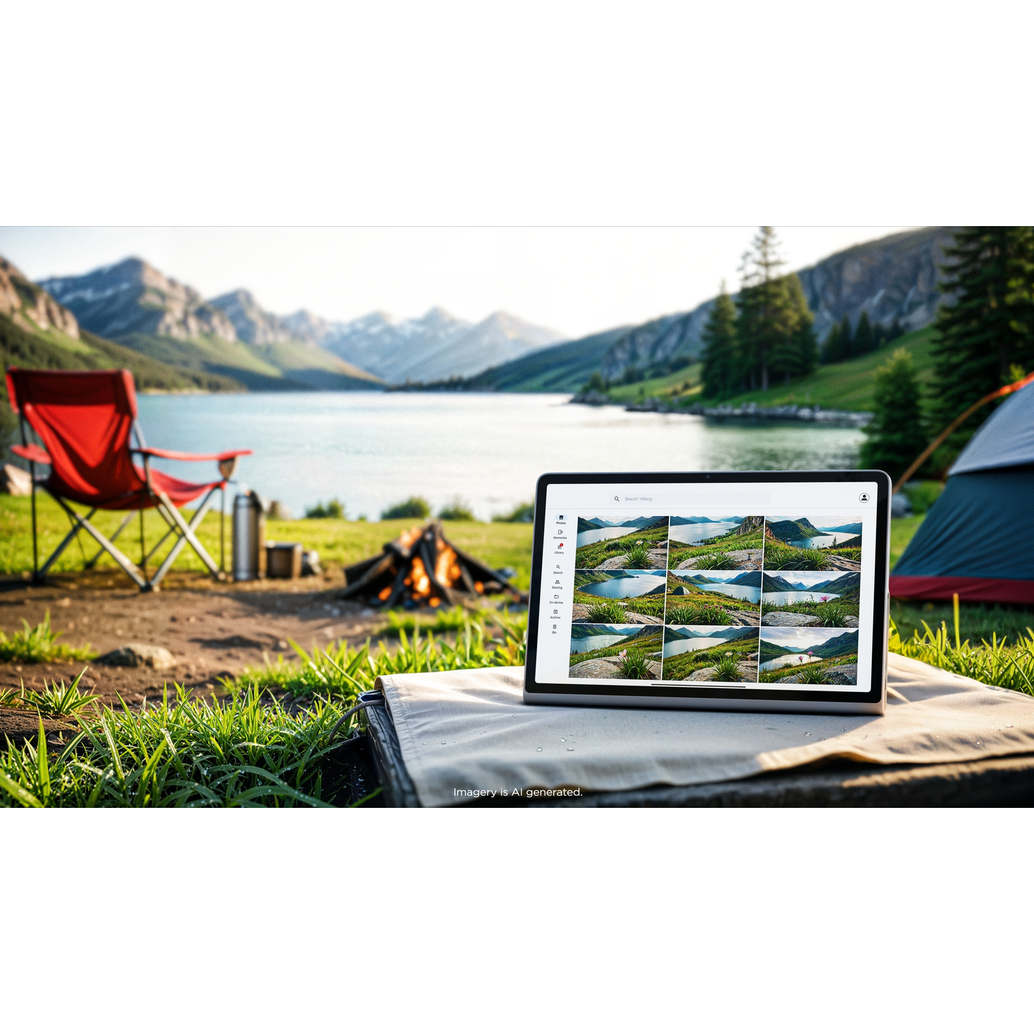 A laptop displays photos of a lake, set up on a blanket. A red chair, campfire, and tent are in the camping scene with mountains and water.
