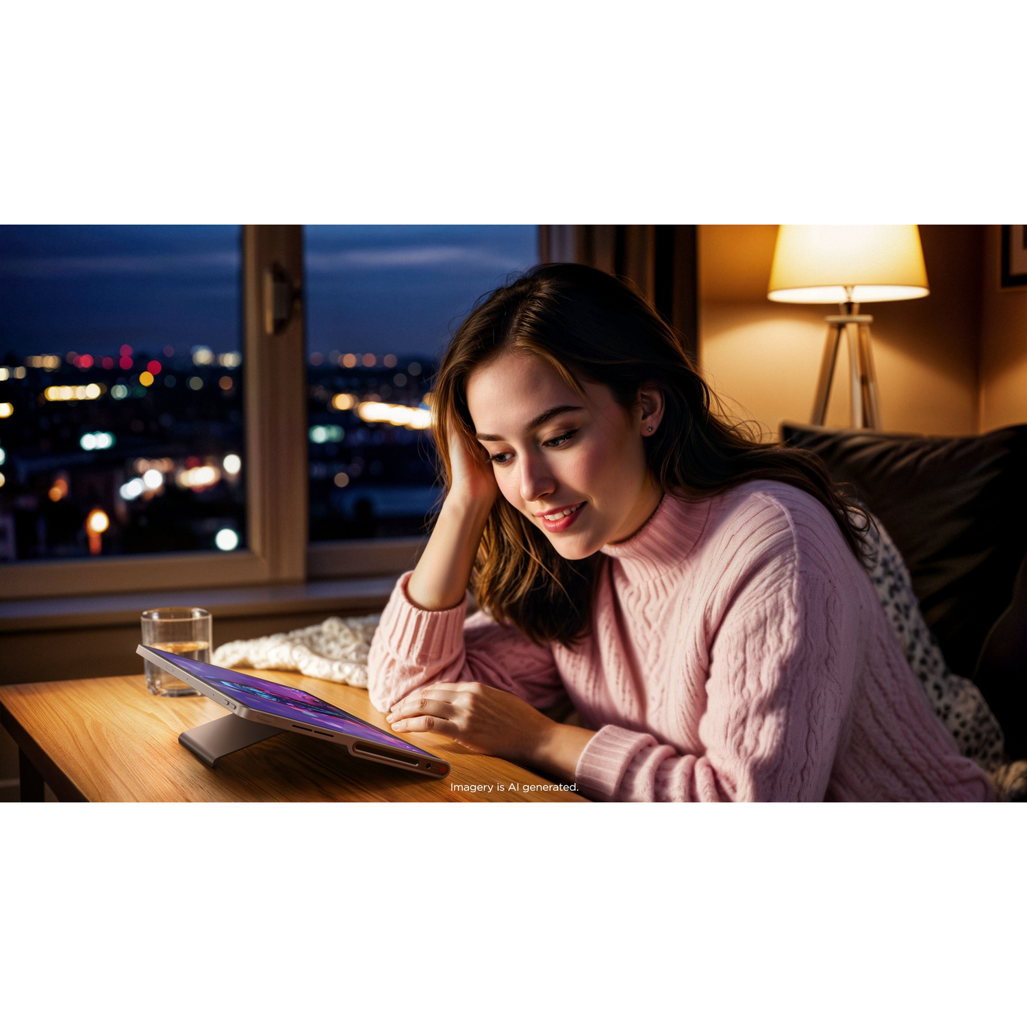 A woman in a pink sweater looks at a tablet on a table. City lights are visible through a window in the background.