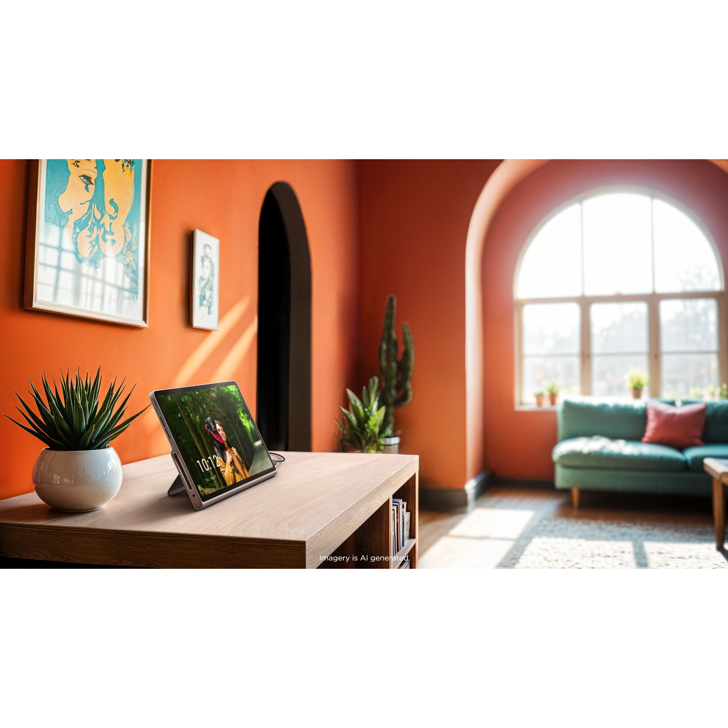 Tablet on a wooden table, with a plant, in a room with orange walls, and a sofa. Artwork on the wall and a window.