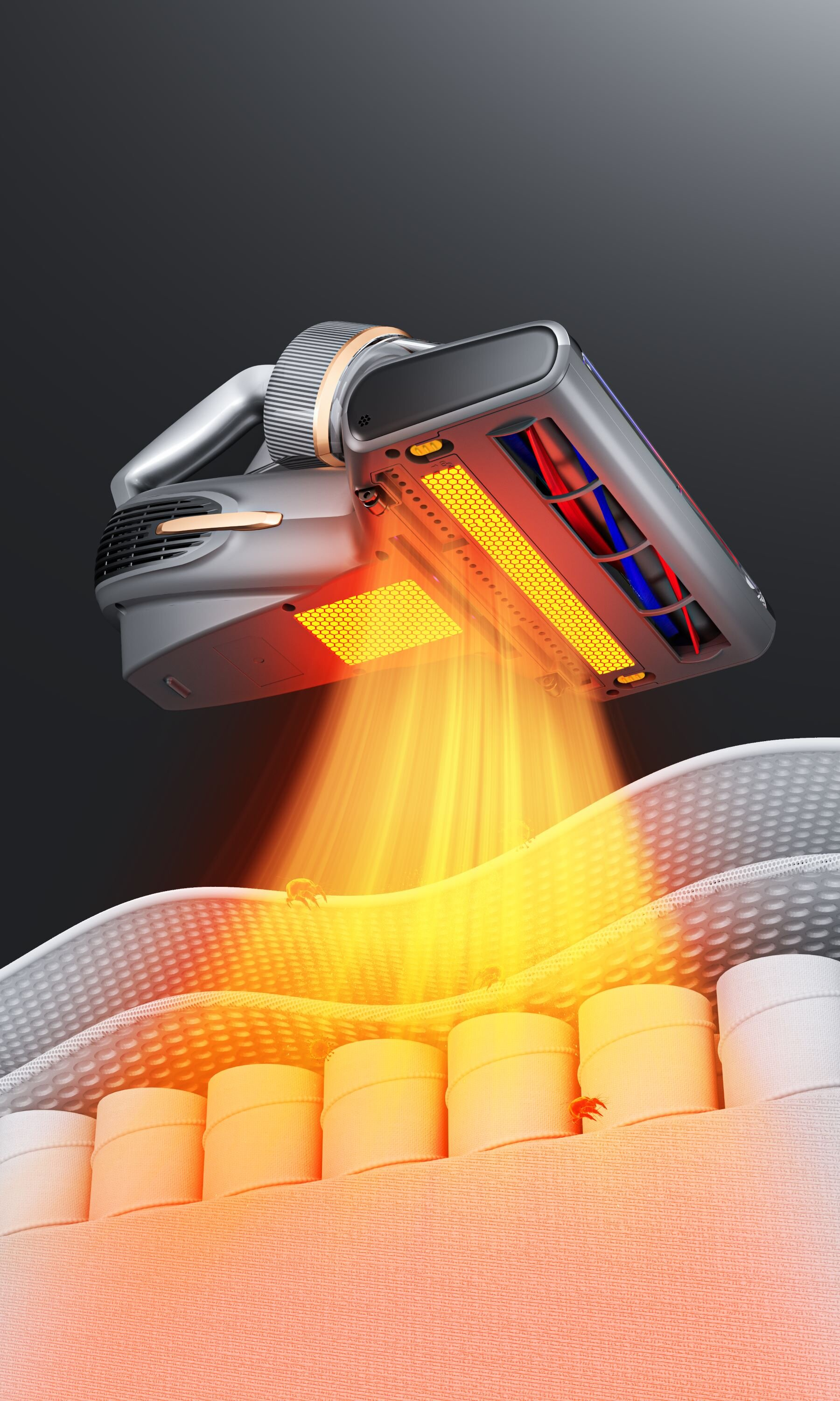 Urządzenie emituje ciepło na łóżko. Urządzenie jest szare, z czerwonymi i niebieskimi elementami wewnętrznymi. Łóżko ma białe i beżowe warstwy.