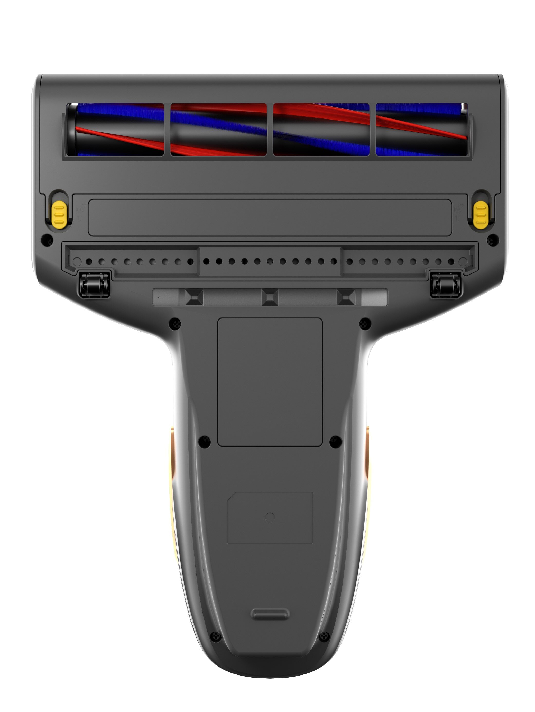 Obraz przedstawia szarą głowicę odkurzacza. Ma czerwone i niebieskie wałki. Żółte przyciski są po bokach.