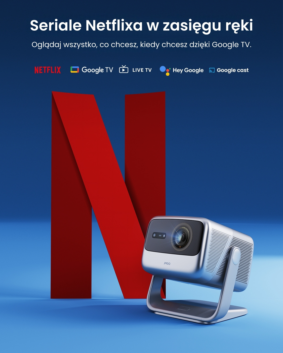 Srebrny projektor z obiektywem na pierwszym planie. Duże czerwone 'N' z tyłu. Logo Netflix u góry.