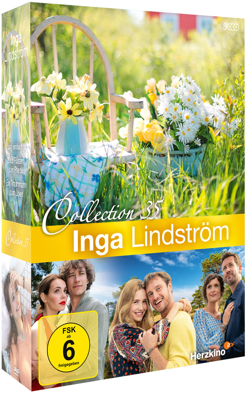 DVD-Cover mit Blumen, Stuhl und Schauspielern. Titel: Inga Lindström. Bewertung: FSK ab 6. Enthält Bilder von Paaren und Szenen.