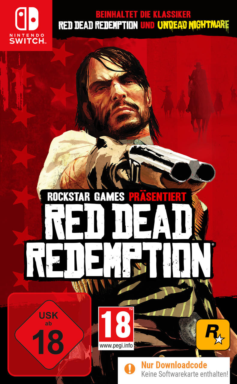 Spielcover. Mann zielt mit Waffe. Titel: Red Dead Redemption. Nintendo Switch Logo. Bewertung 18. Rockstar Games Logo.