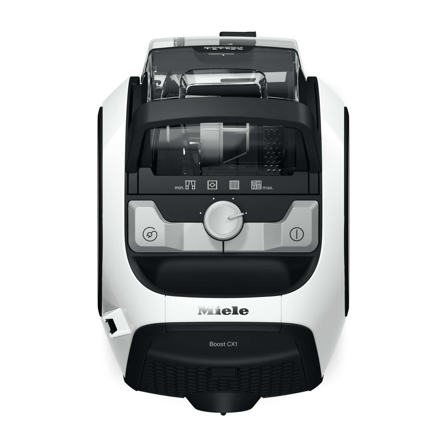Un aspirapolvere Miele Boost CX1 bianco e nero. Ha un contenitore per la polvere trasparente e un pannello di controllo con pulsanti e un quadrante.
