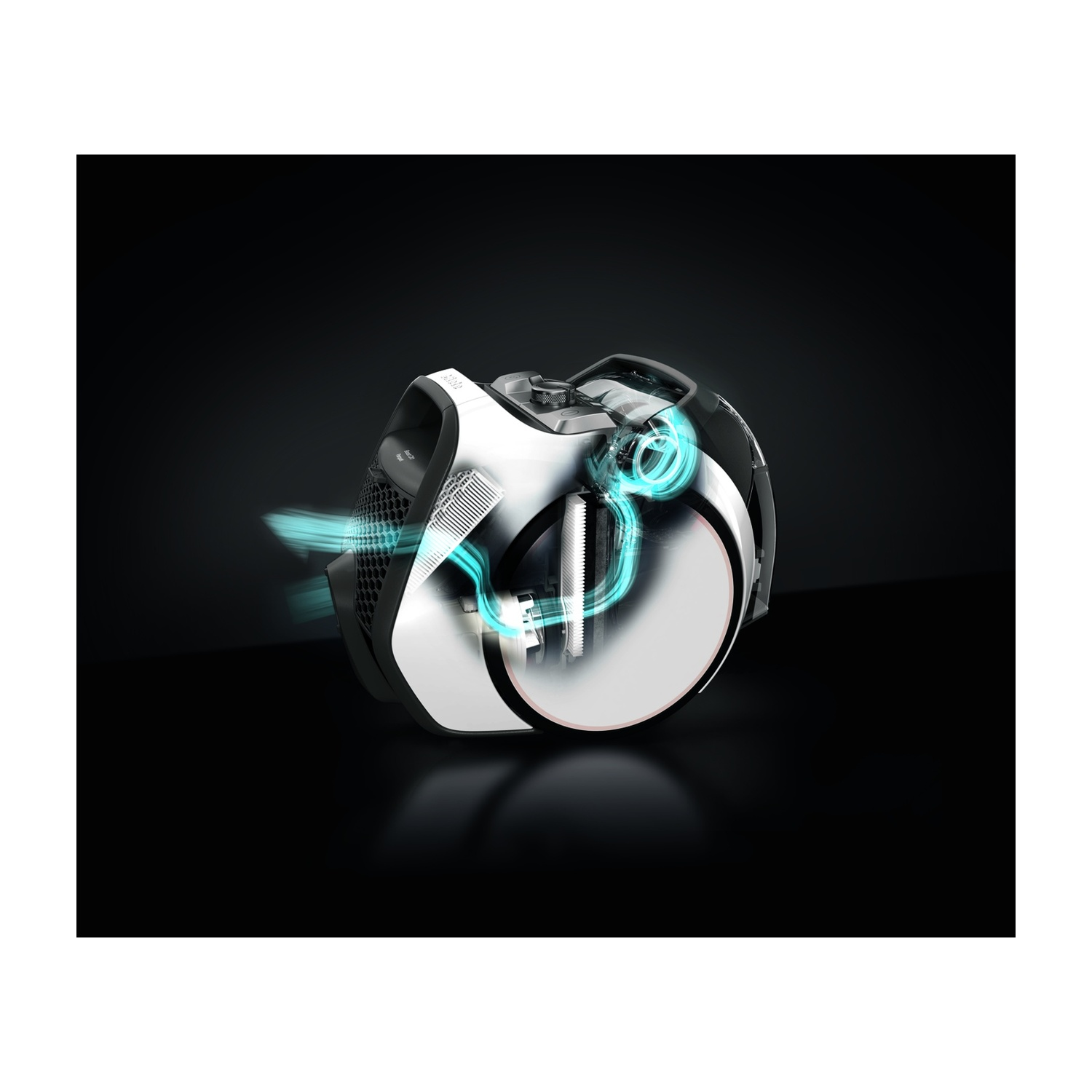 Un aspirapolvere bianco e argento con linee di flusso d'aria blu brillante su sfondo nero. Design moderno.