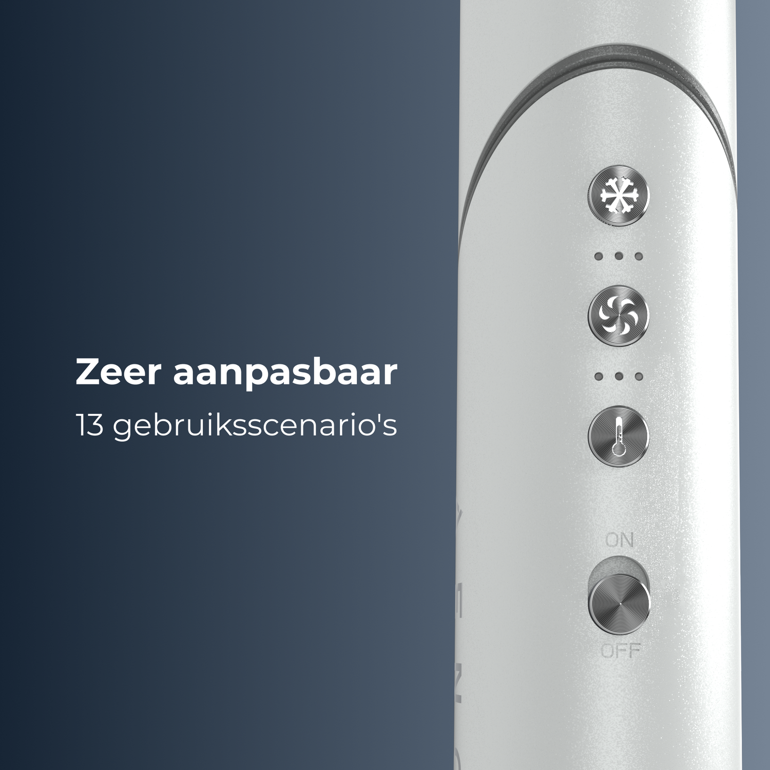 Close-up of a white device with silver buttons. Buttons include snowflake, fan, power and on/off. Text on the left reads: Very customizable.