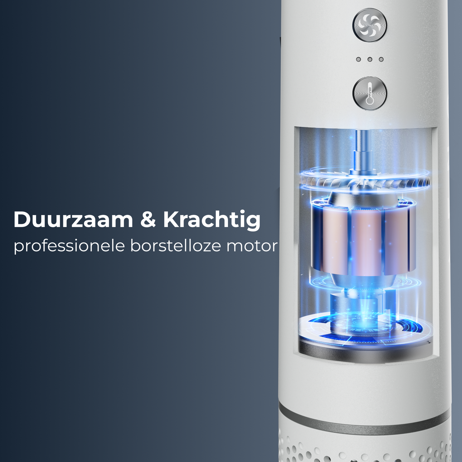 White fan with visible internal motor. Text says 'Duurzaam & Krachtig'. Blue glowing effects highlight the motor details.