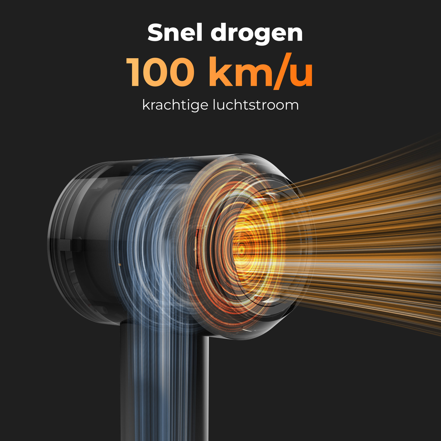 Een zwarte en transparante föhn met oranje en blauwe luchtstroom, snelheidsaanduiding van 100 km/u, op een zwarte achtergrond.