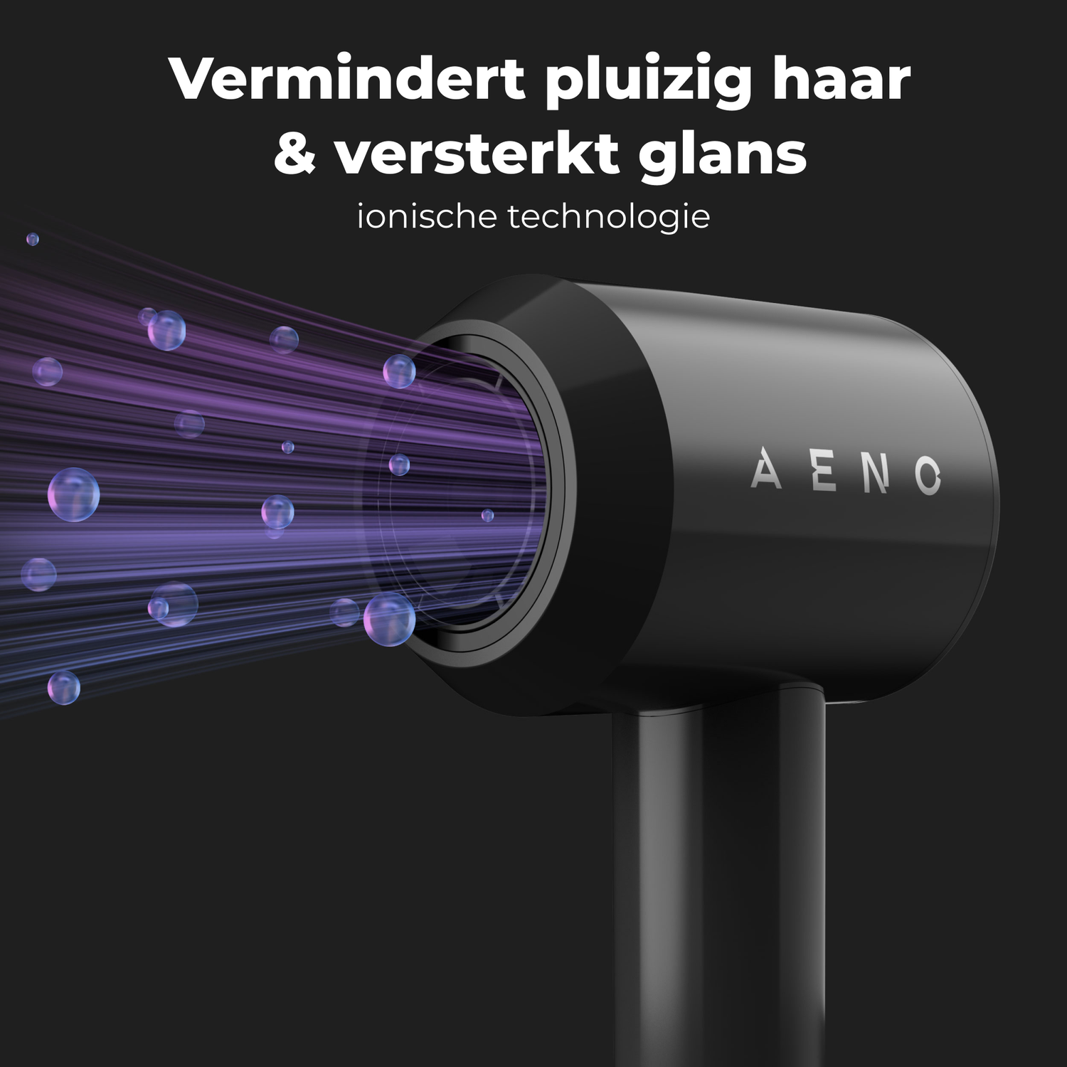 Een zwarte föhn met paarse stralen en bellen, met de tekst 'Vermindert pluizig haar & versterkt glans' op een zwarte achtergrond.