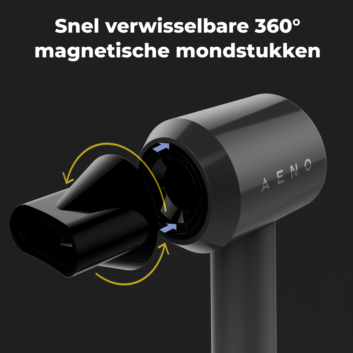 Een zwarte föhn met magnetisch mondstuk, pijlen die de rotatie aangeven. Tekst bovenaan: 'Snel verwisselbare 360° magnetische mondstukken'.