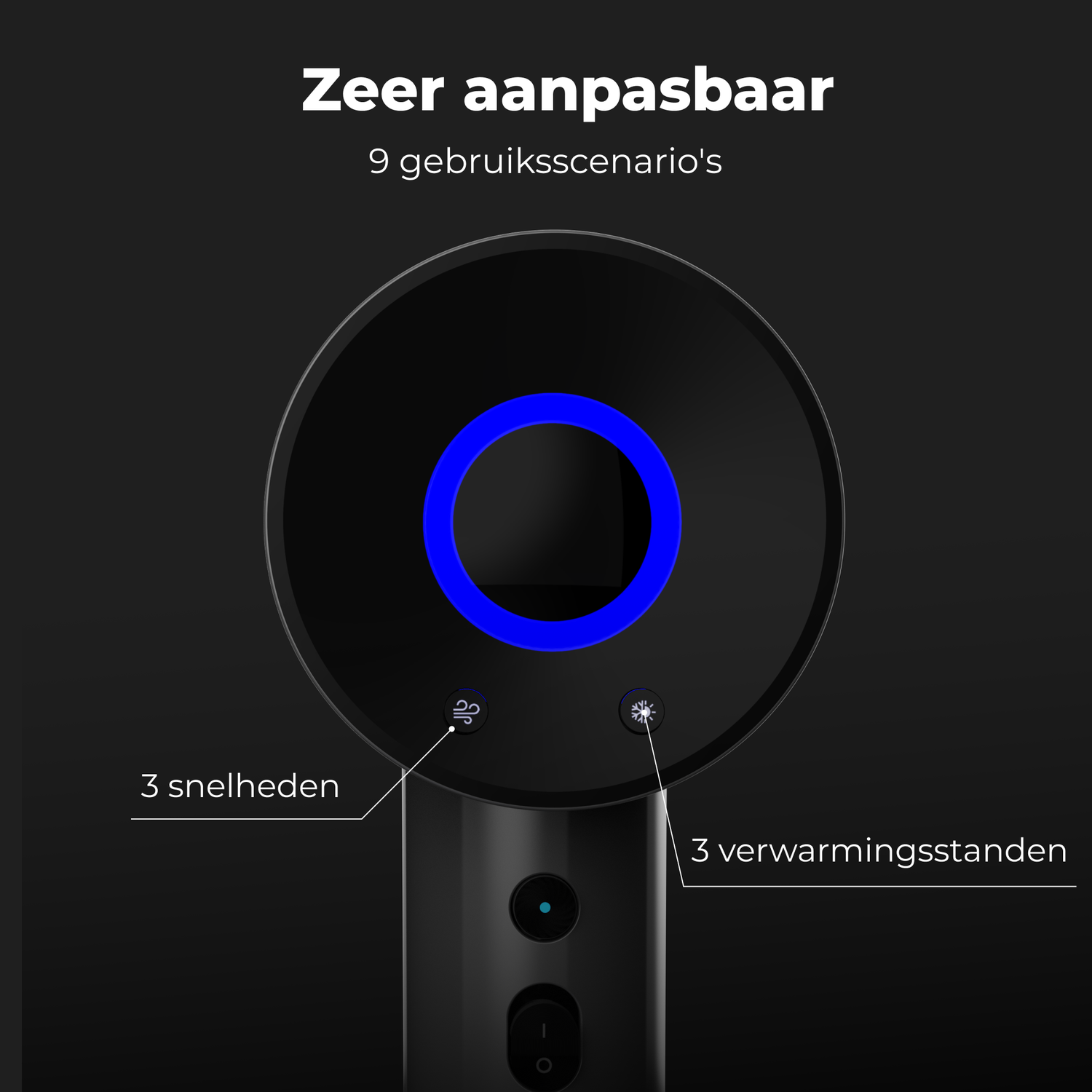 Een zwart apparaat met blauwe lichtring, met knoppen en Nederlandse tekst over snelheid en verwarmingsinstellingen.