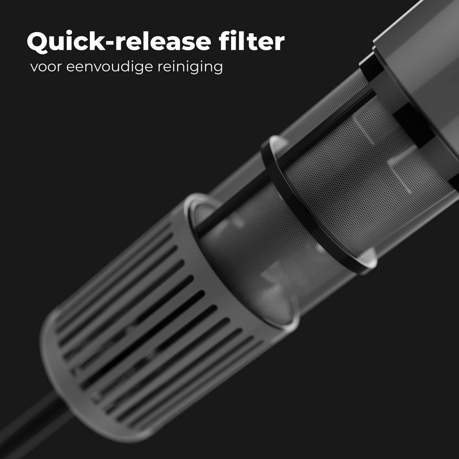 Close-up van een stofzuigerfilter. Het is een cilindrisch, grijs component met een gaas en een geribbelde basis, tegen een zwarte achtergrond.