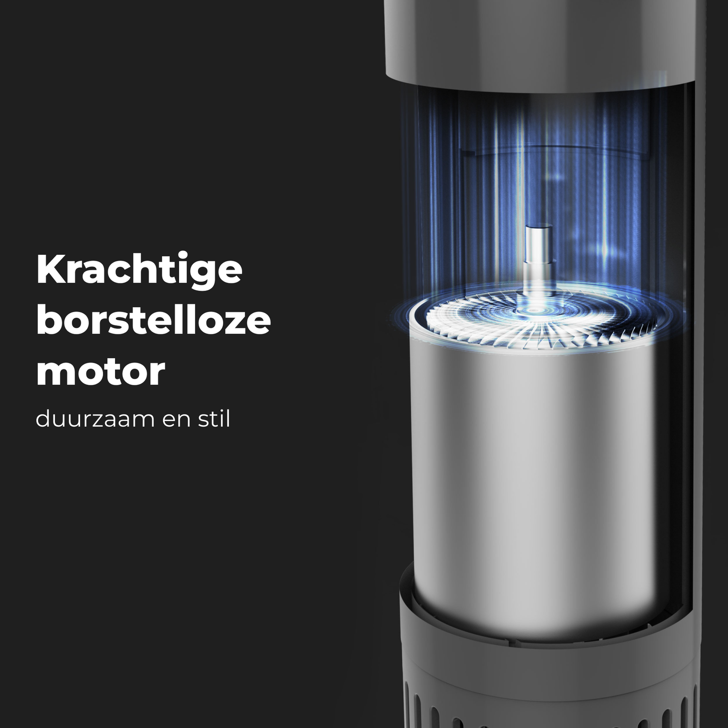 Doorsnede van een motor. Binnenin is een zilveren cilinder te zien met een roterende ventilator. De tekst luidt: Krachtige borstelloze motor.