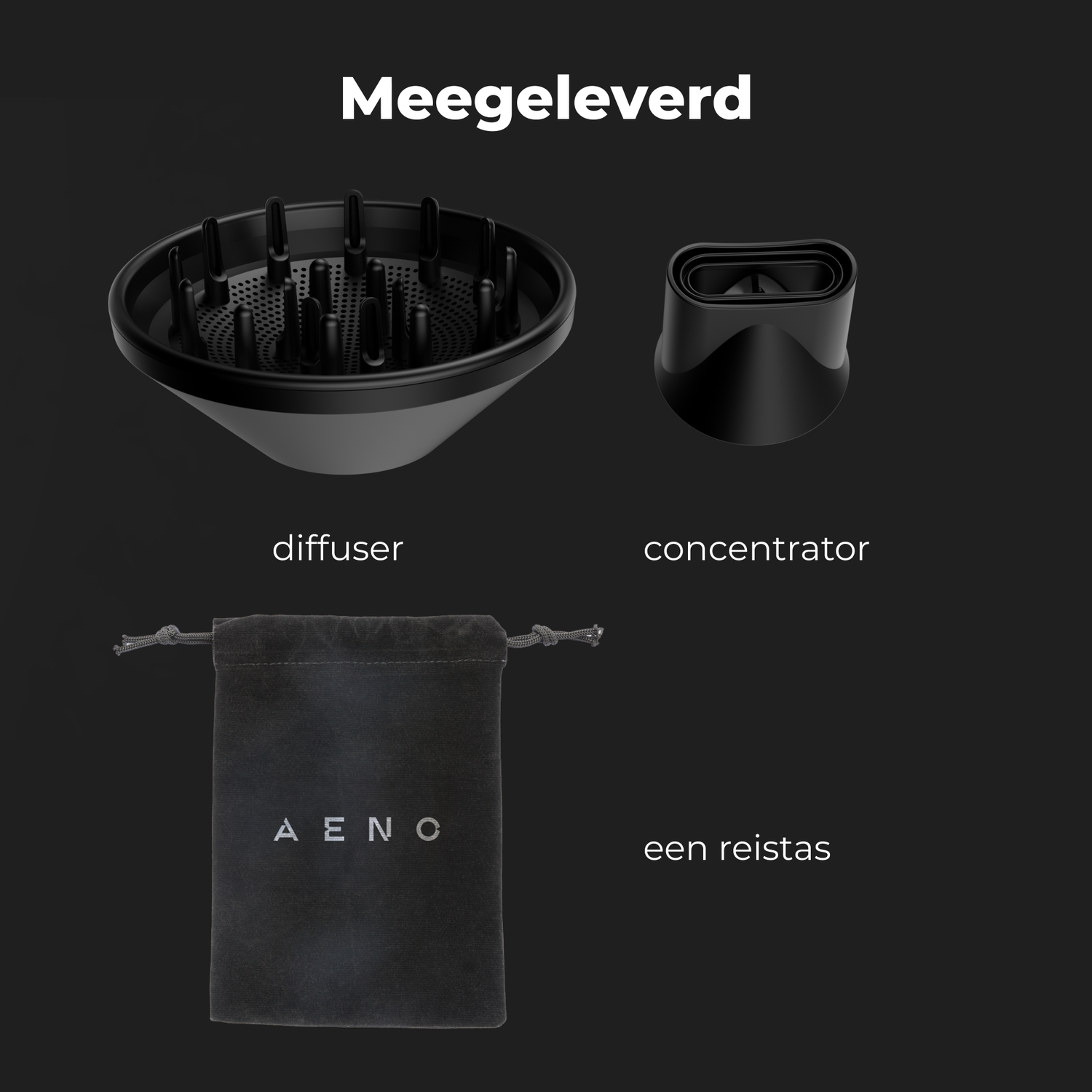 Zwarte föhnaccessoires: diffuser, concentrator en een reistas. Tekstlabels: 'diffuser', 'concentrator', 'een reistas' en merklogo.