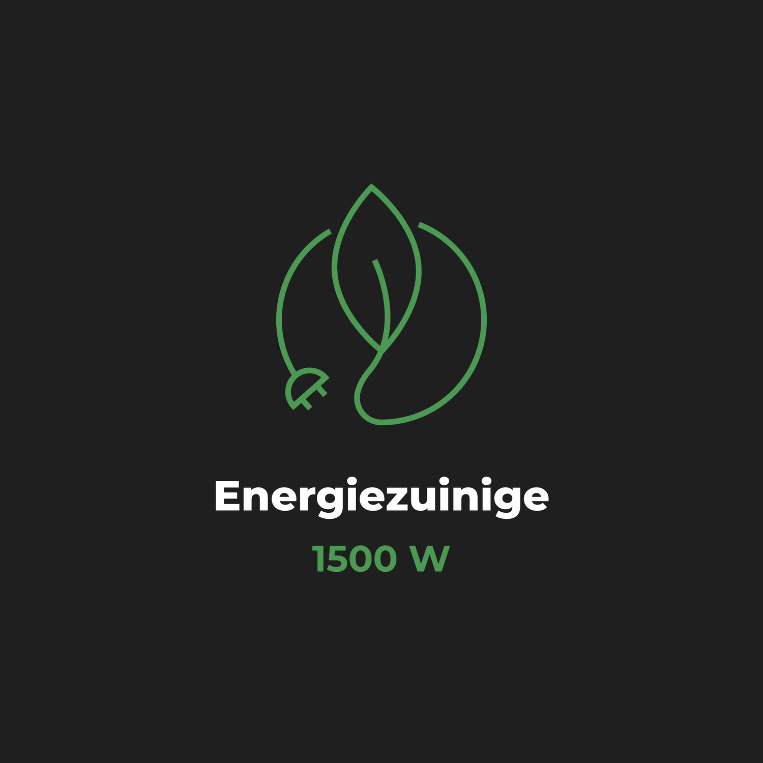Groen blad- en stekkericoon. Tekst: Energiezuinige 1500 W op zwarte achtergrond.