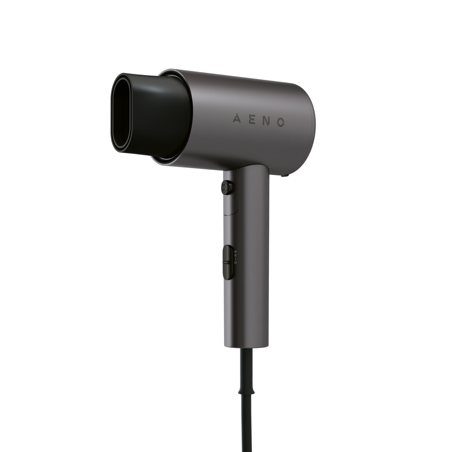 A dark gray hair dryer with the brand name AENO. It has a black nozzle, a handle with settings, and a black power cord.
