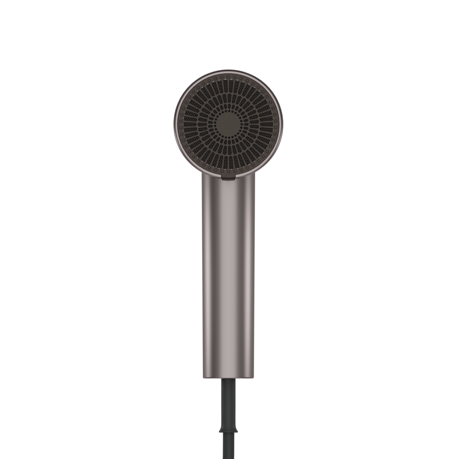 A silver-gray hair dryer with a round head featuring a mesh design. It has a cylindrical handle and a black cord.