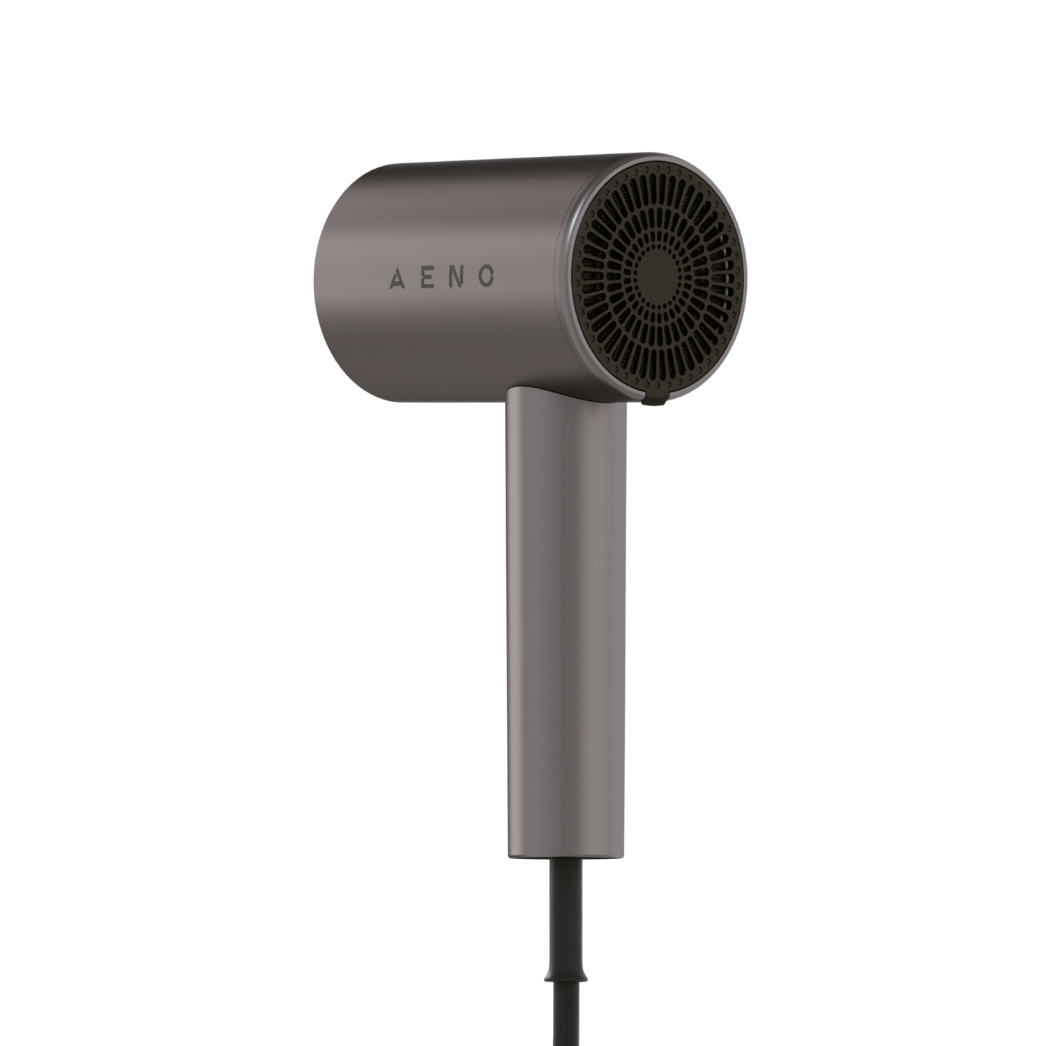 A gray hair dryer with the word AENO on the side. The fan is black. The handle is gray and a black cord extends from it.