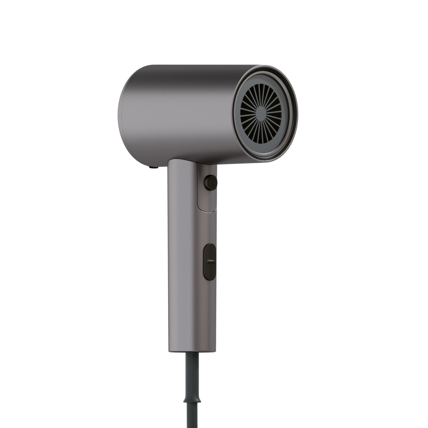 A silver hairdryer on a white background. It has a circular head with a fan, a handle with buttons, and a power cord.