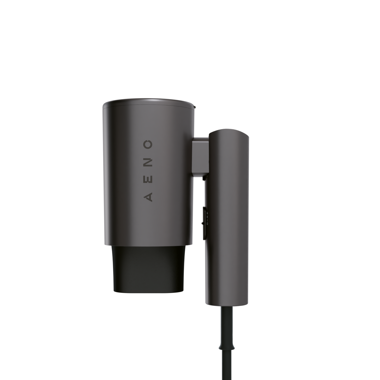 A dark gray AENO device with a cylindrical top and a rectangular side part. The name AENO is visible on the side.