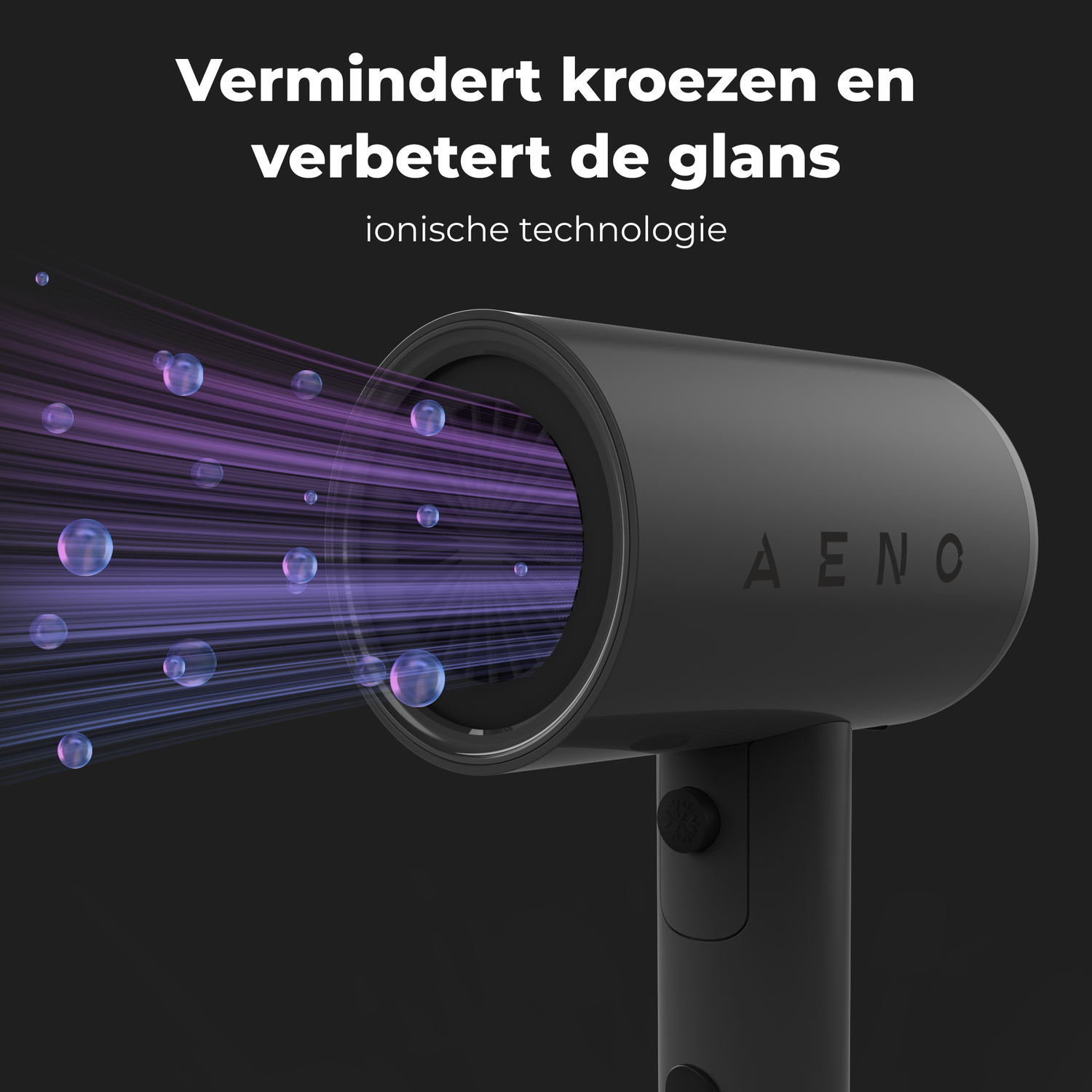 A black hair dryer with the brand name AENO. Purple light beams and bubbles emerge from the dryer. Text in Dutch states 'reduces frizz'.