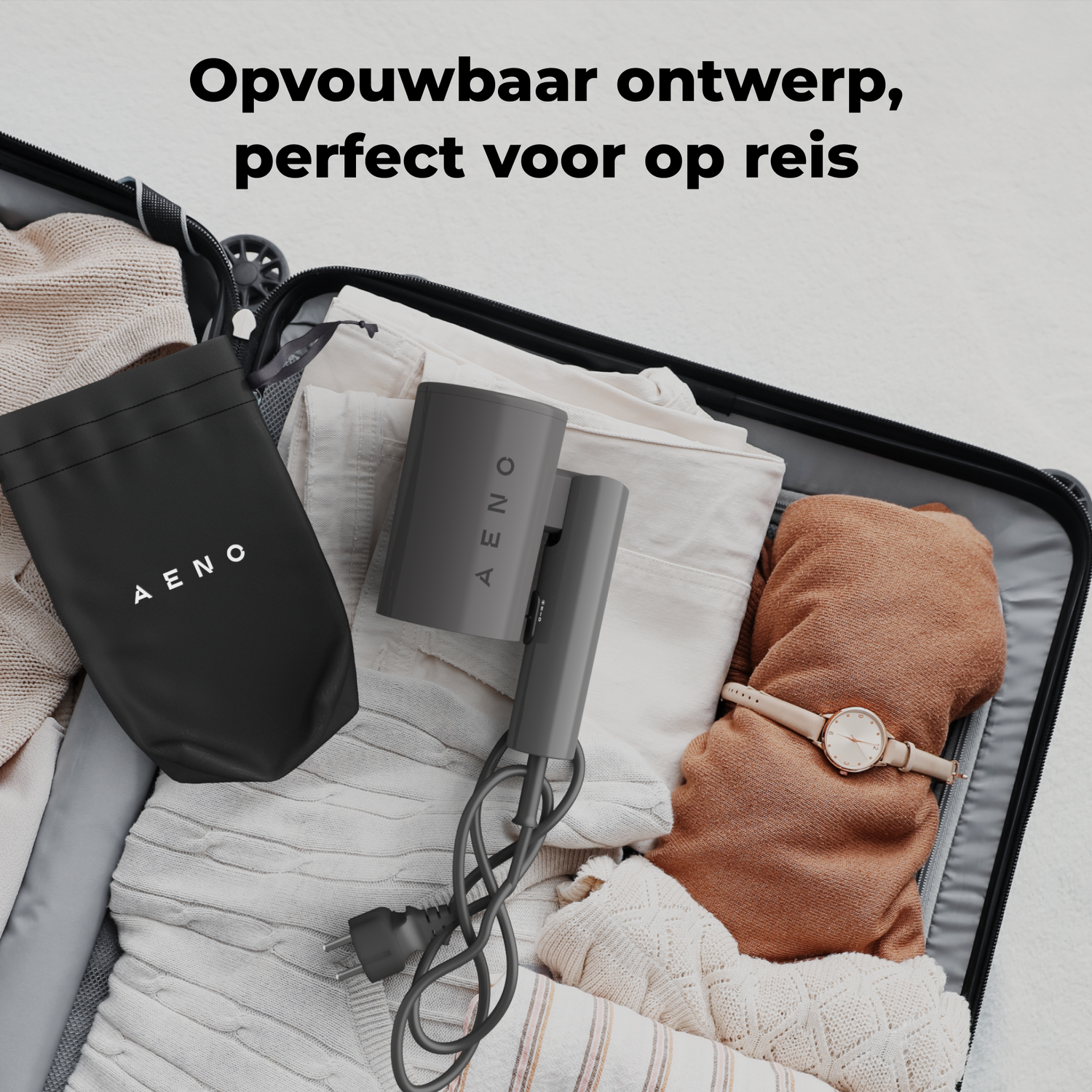 A suitcase packed with clothes, a watch, and a hairdryer labeled AENO. Text above says 'Foldable design, perfect for travel'.