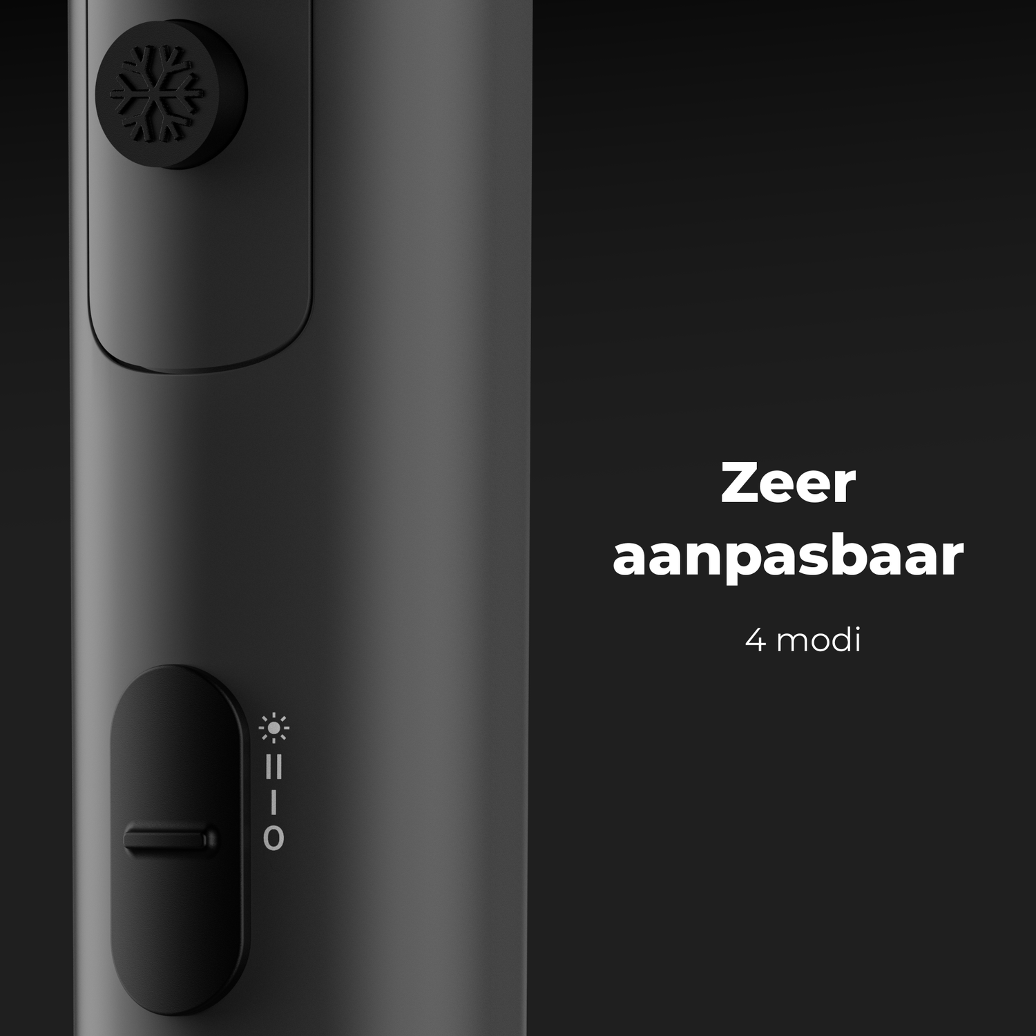 Close-up of a dark grey device with a snowflake button, a switch with light symbols, and text on a black background.