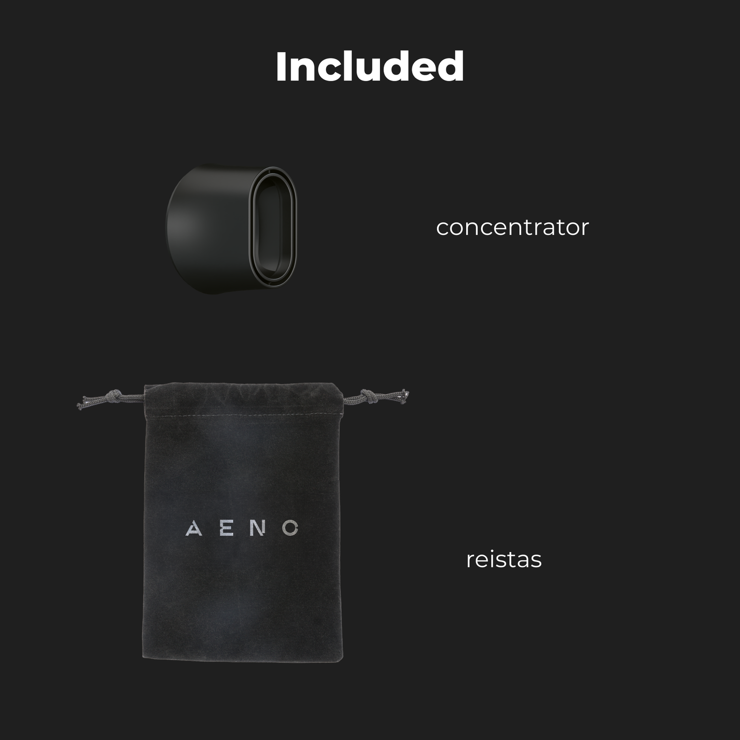 Image shows a black concentrator and a black velvet bag with the word AENO. Text says 'Included'.