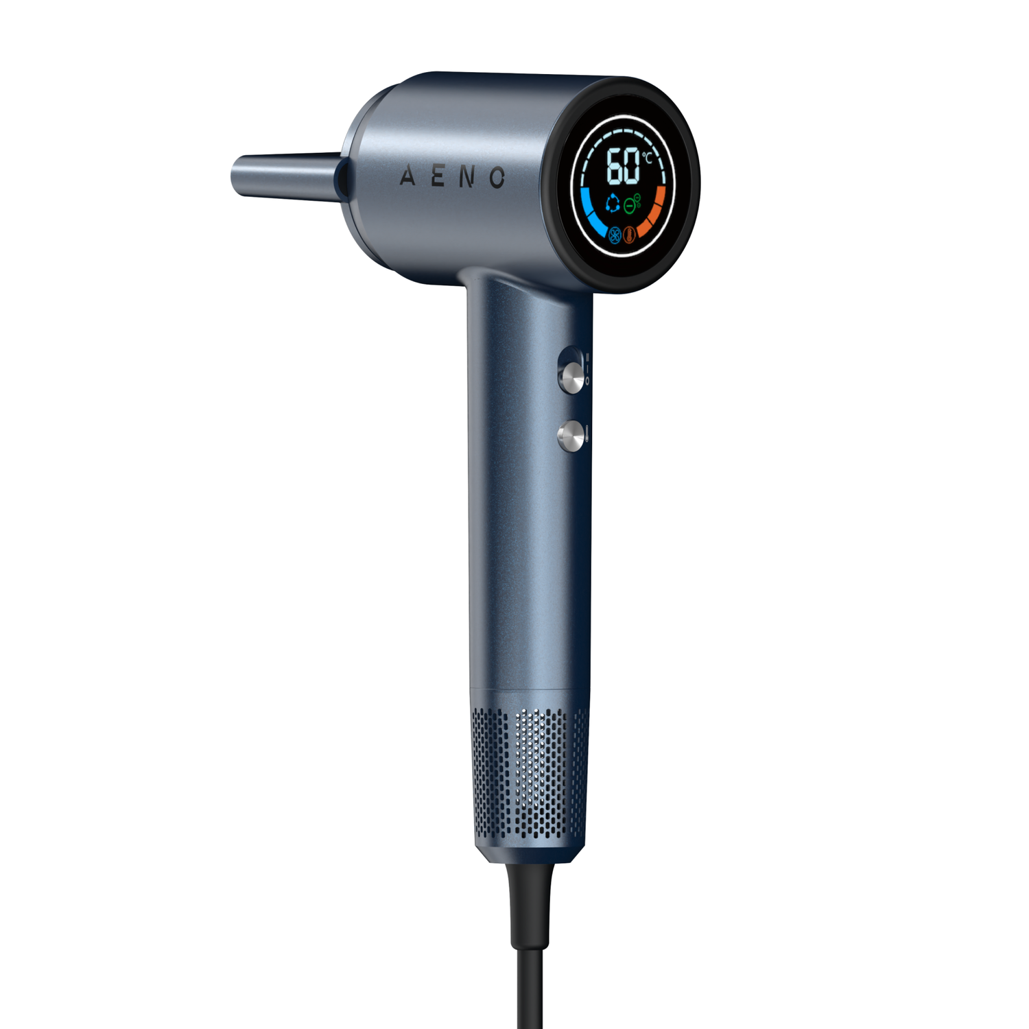 A blue hair dryer with a digital display showing 60 degrees Celsius. The dryer has the letters AENC on it. The cord is black.