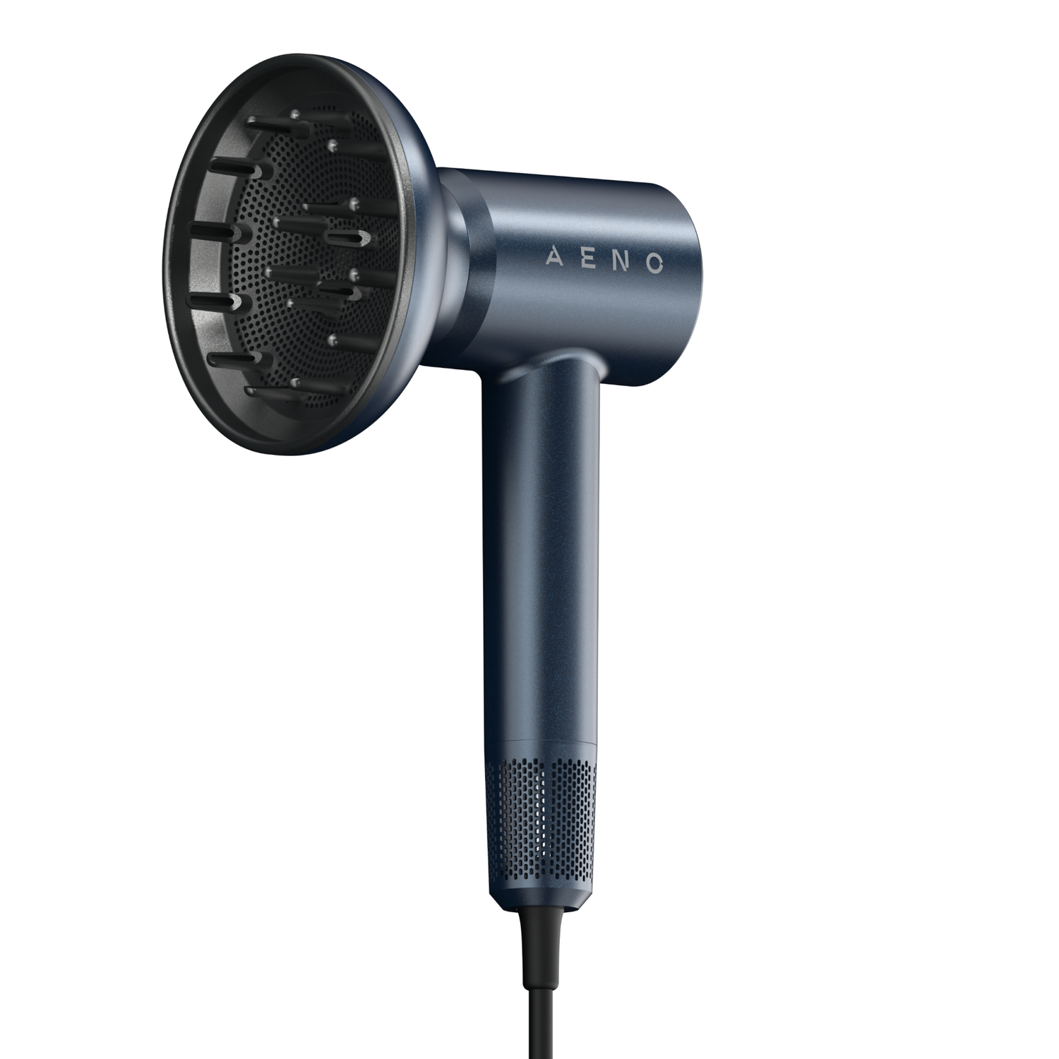 A blue hair dryer with the brand name AENO. It has a diffuser head and a handle. A black power cord extends from the base.