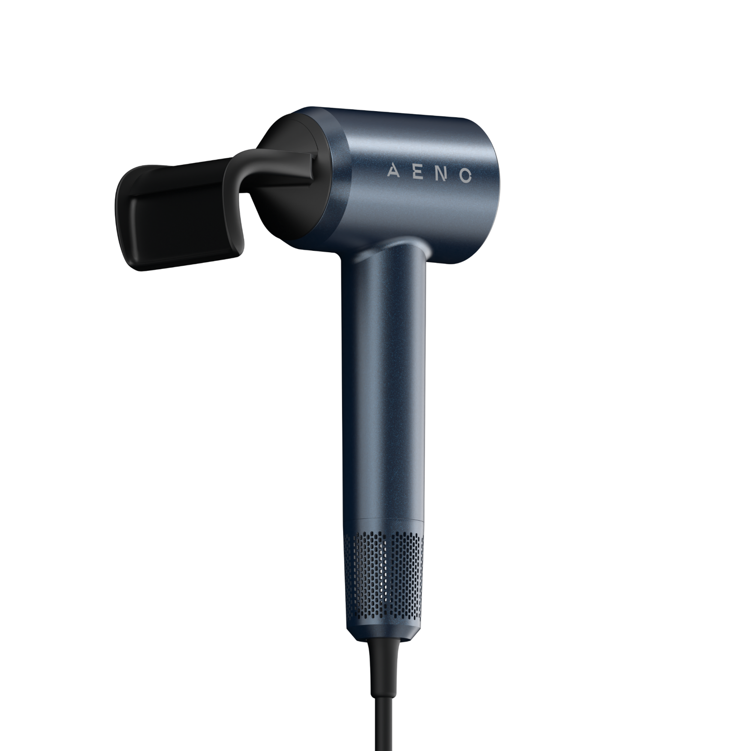 A blue hair dryer on a white background. It has a handle, a nozzle, and a black attachment. The word AENO is visible.