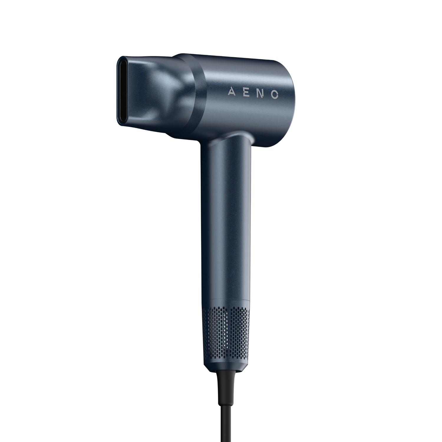 A blue hair dryer with the word AENO on it. The hair dryer has a handle with a mesh pattern and a black cord.