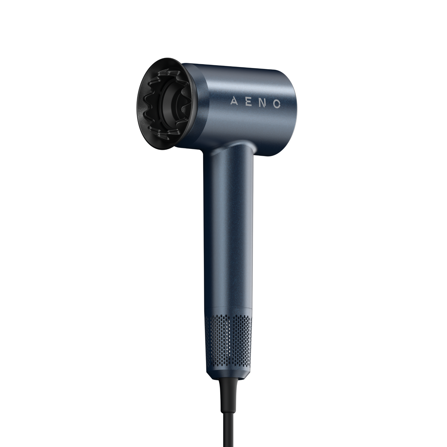A blue hair dryer on a white background. The brand name 'AENO' is visible. The dryer has a nozzle and a handle with a cable.