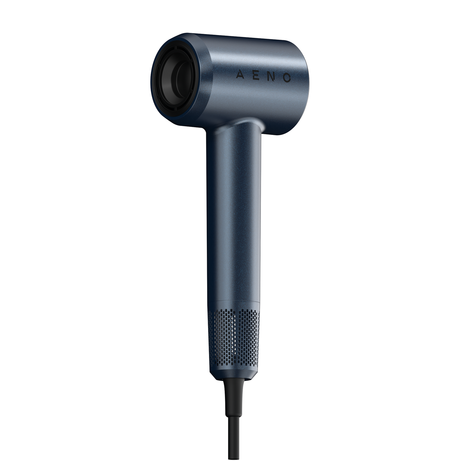 A blue hair dryer with the brand name AENO on it, black nozzle and a cable. Isolated on white background.
