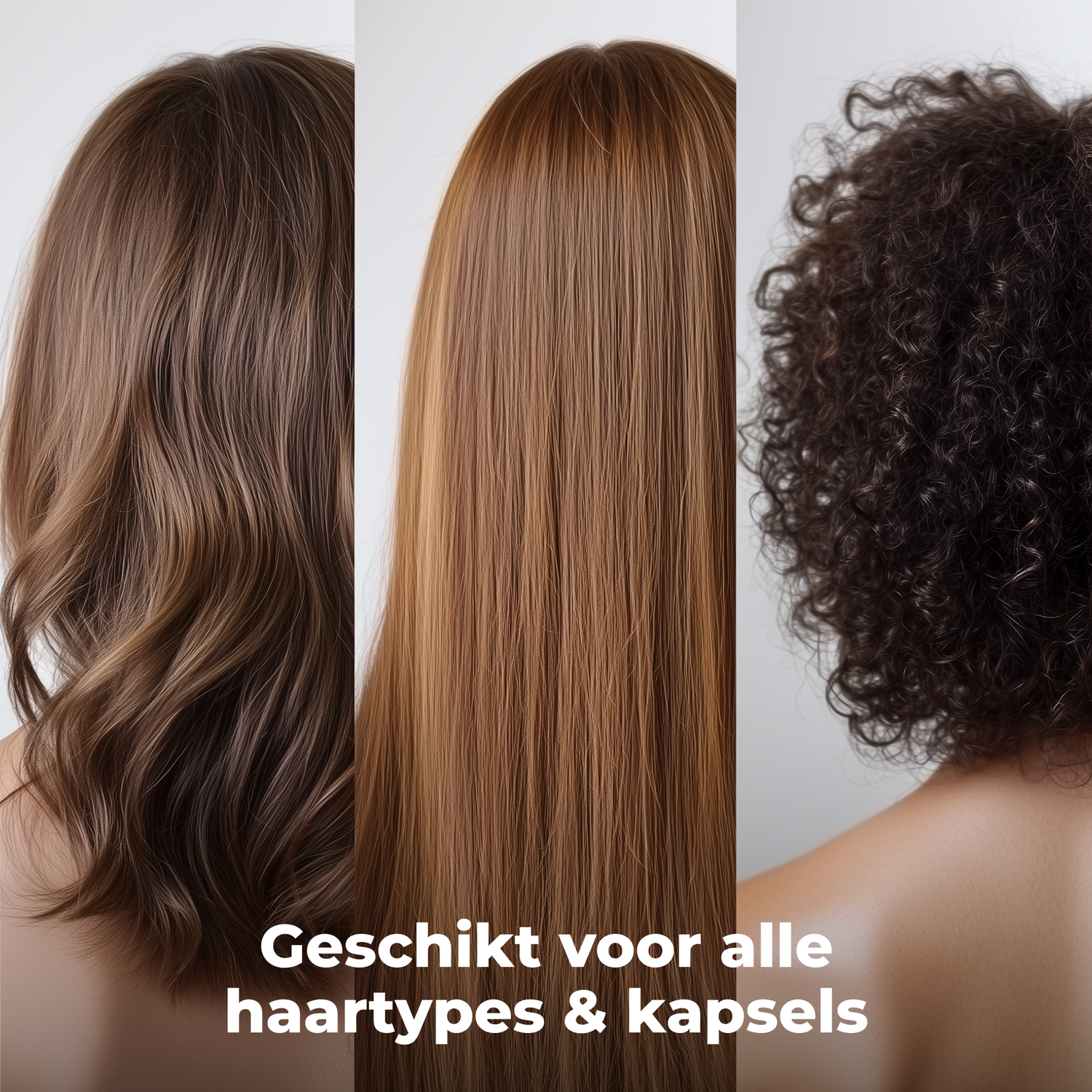 Image features three hair types: wavy brown, straight auburn, and curly black, against a white background. Text says 'Suitable for all hair types'.