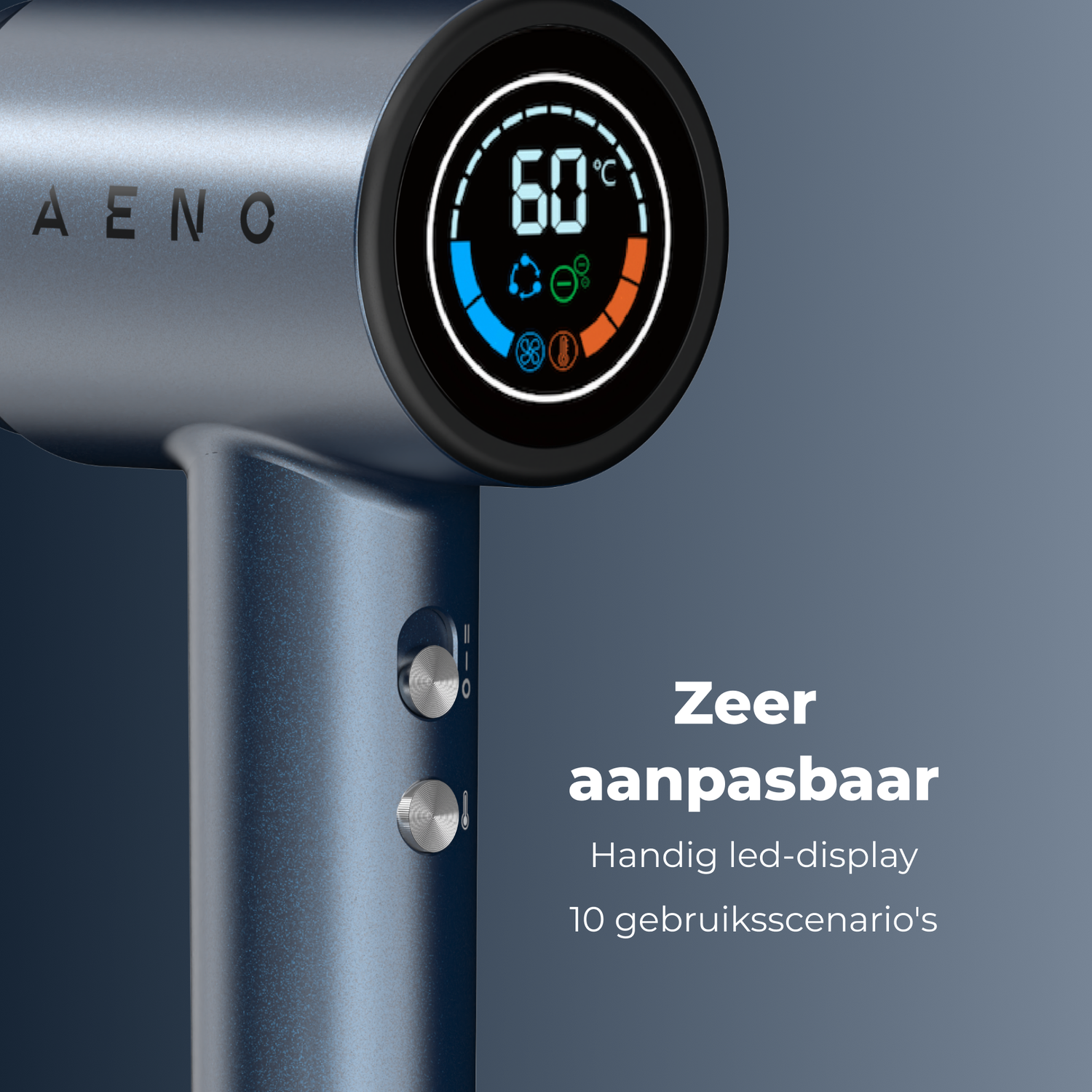 A hair dryer in shades of blue displays 60°C on a digital screen. It has buttons and the name AENO on it.